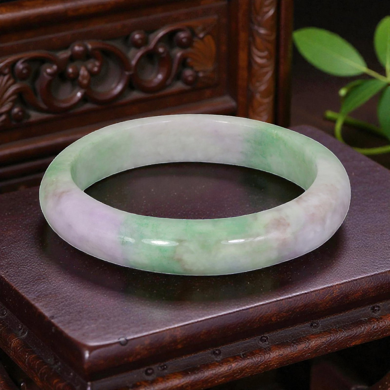 Natural Burmese Type A Lavender & Green Jadeite Jade Bangle - Tri-Color Moss in Snow Bracelet, 77YH: Crafted from natural Burmese Type A jadeite jade, this bangle features a tri-color palette of soft lavender, fresh green, and subtle earthy brown tones, characteristic of the coveted "Moss in Snow" pa