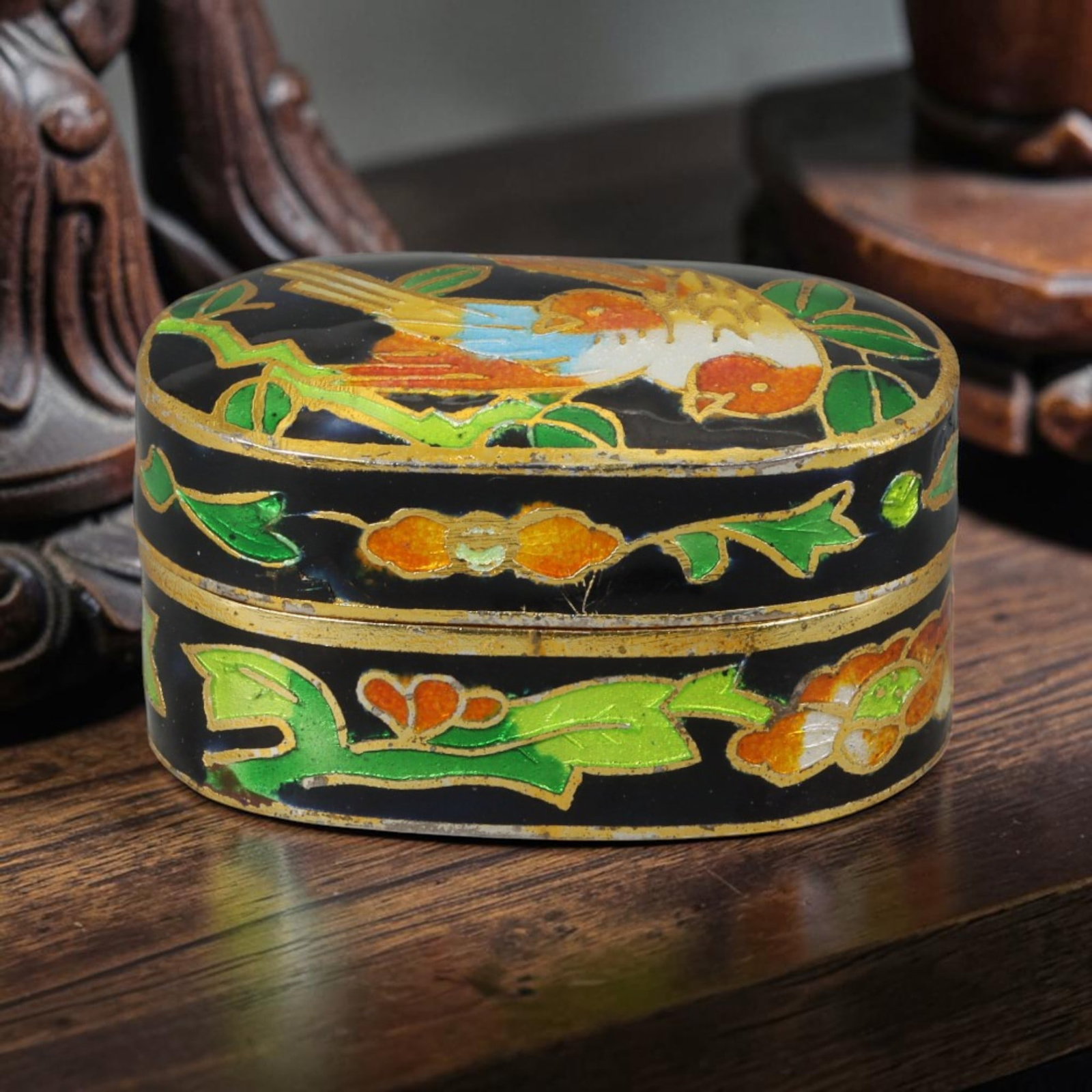 Vintage Chinese Copper Cloisonne Trinket Box - Bird Floral Black Enamel Casket, 26AR: Crafted from copper base metal with gilded cloisonne wire filigree and hand-fired polychrome enamel glazes. This oval hinged miniature casket features a deep glossy black enamel ground across lid and 