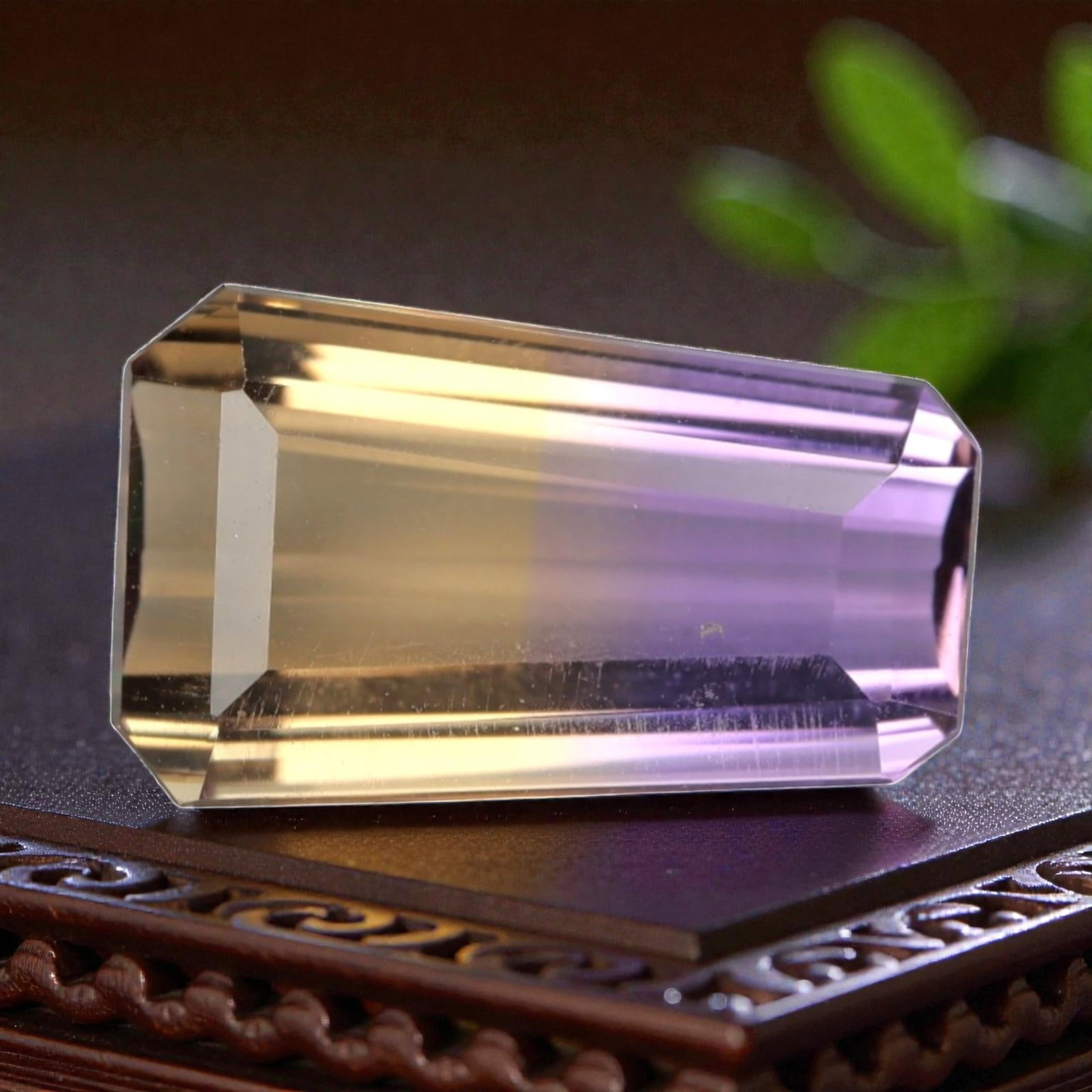 7.493 Carats Violet and Yellow Ametrine - Natural Bolivian Gemstone, LZ280: This exceptional 7.493 carat octagon step-cut ametrine presents a masterful fusion of saturated violet and warm golden-yellow hues, with a crisp, well-defined color boundary that is the hallmark of pr