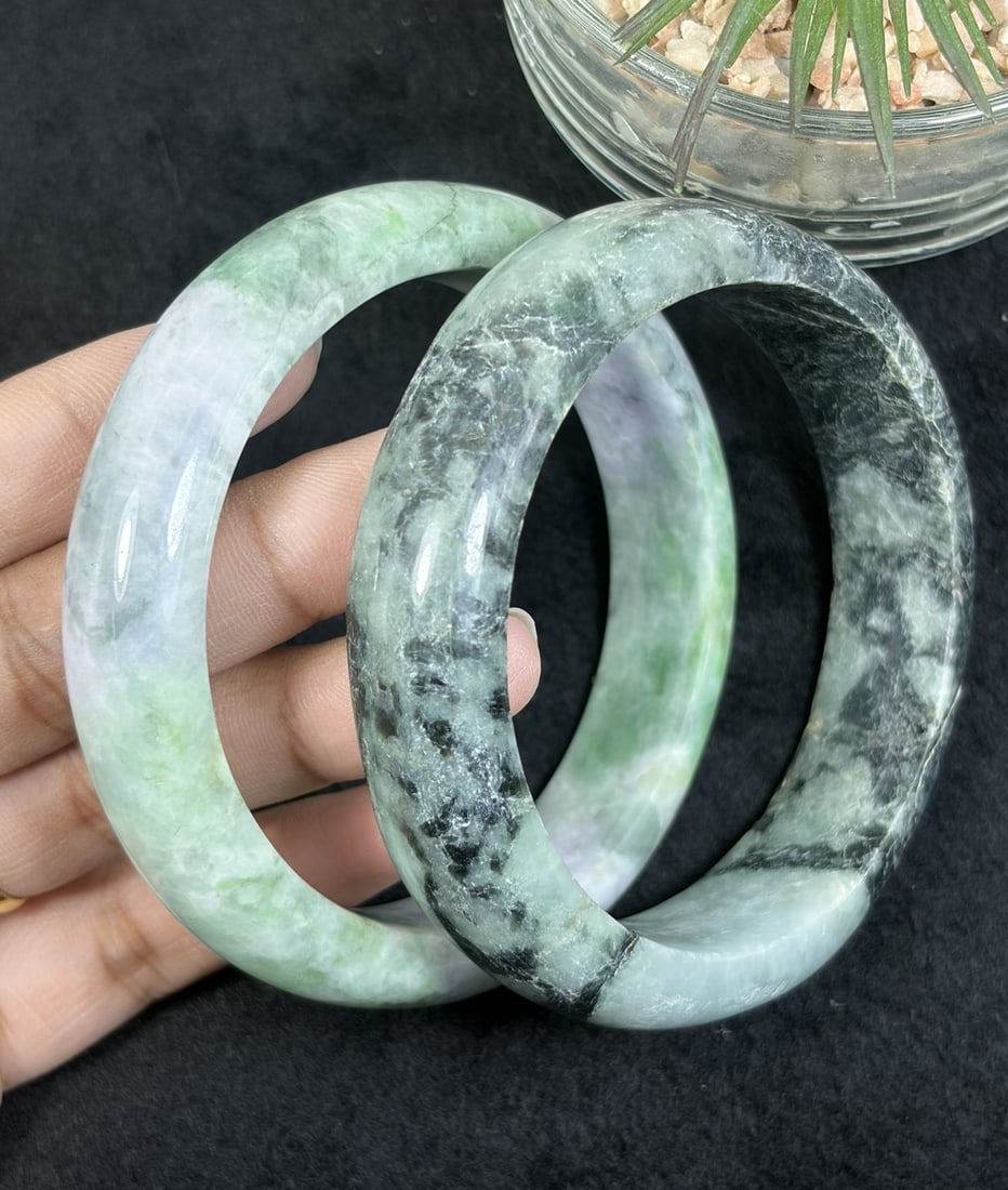 Lot of 2 Natural Burmese Type A Jadeite Bangles, Matching 58.5mm Inner Diameter, 31AV (1 of 2)