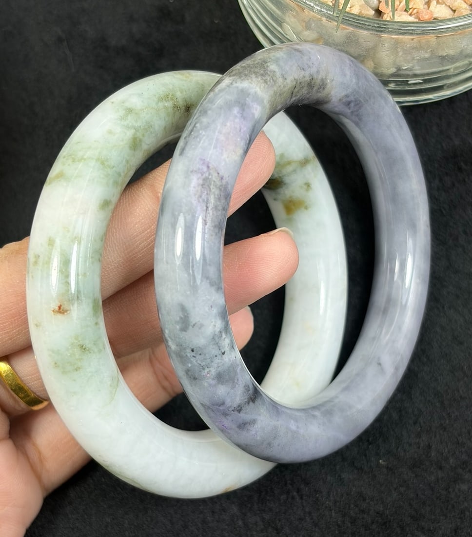 Lot of 2 Natural Burmese Type A Jadeite Bangles, 54mm & 55mm Inner Diameter, 37AV (1 of 2)