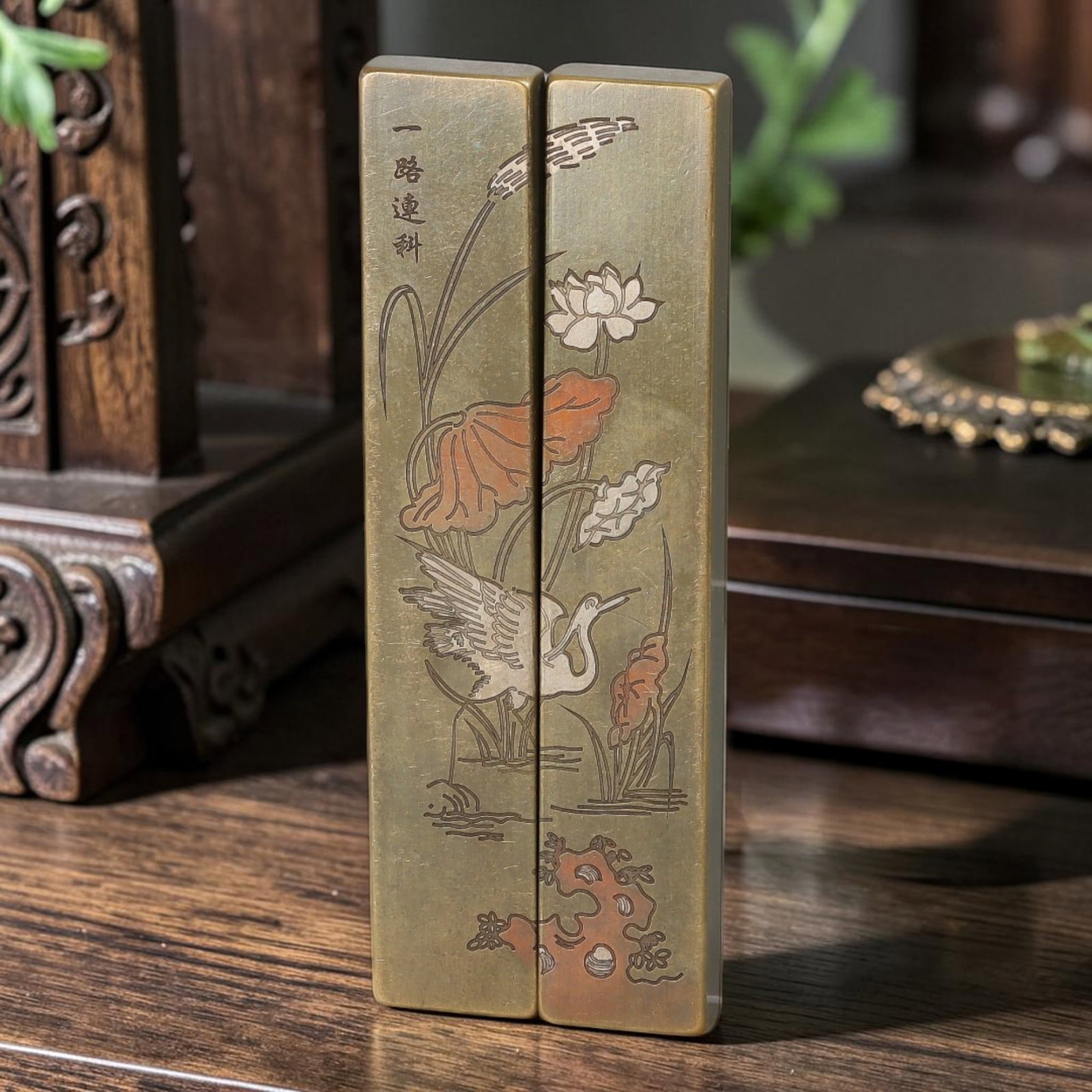 Vintage Brass Chinese Paper Weight Set - Crane Lotus Scholar Desk Tools, 68AS: This matched pair of rectangular solid brass paper press bars functions as traditional Chinese scholar's stationery, placed along the edges of calligraphy and painting paper to hold sheets steady duri