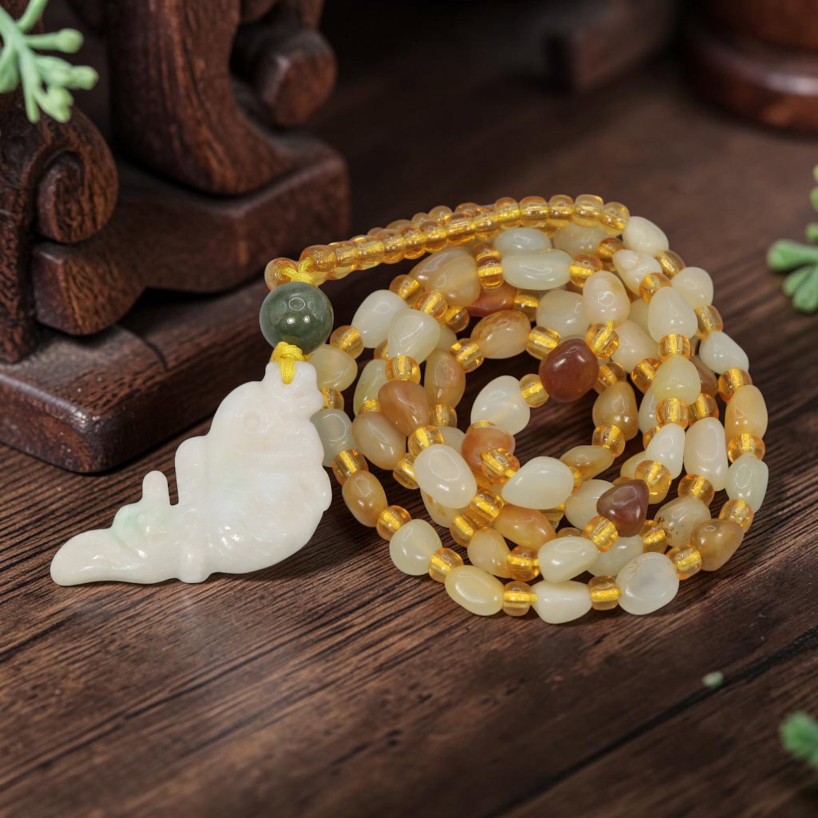 Natural Xinjiang Hetian Jade Necklace - Chinese Jade Fish Pendant, 79YJ: This necklace features a natural jade fish pendant paired with matching Xinjiang Hetian jade pebble beads, accented with translucent yellow spacer beads and a dark green accent bead. The pendant is ca