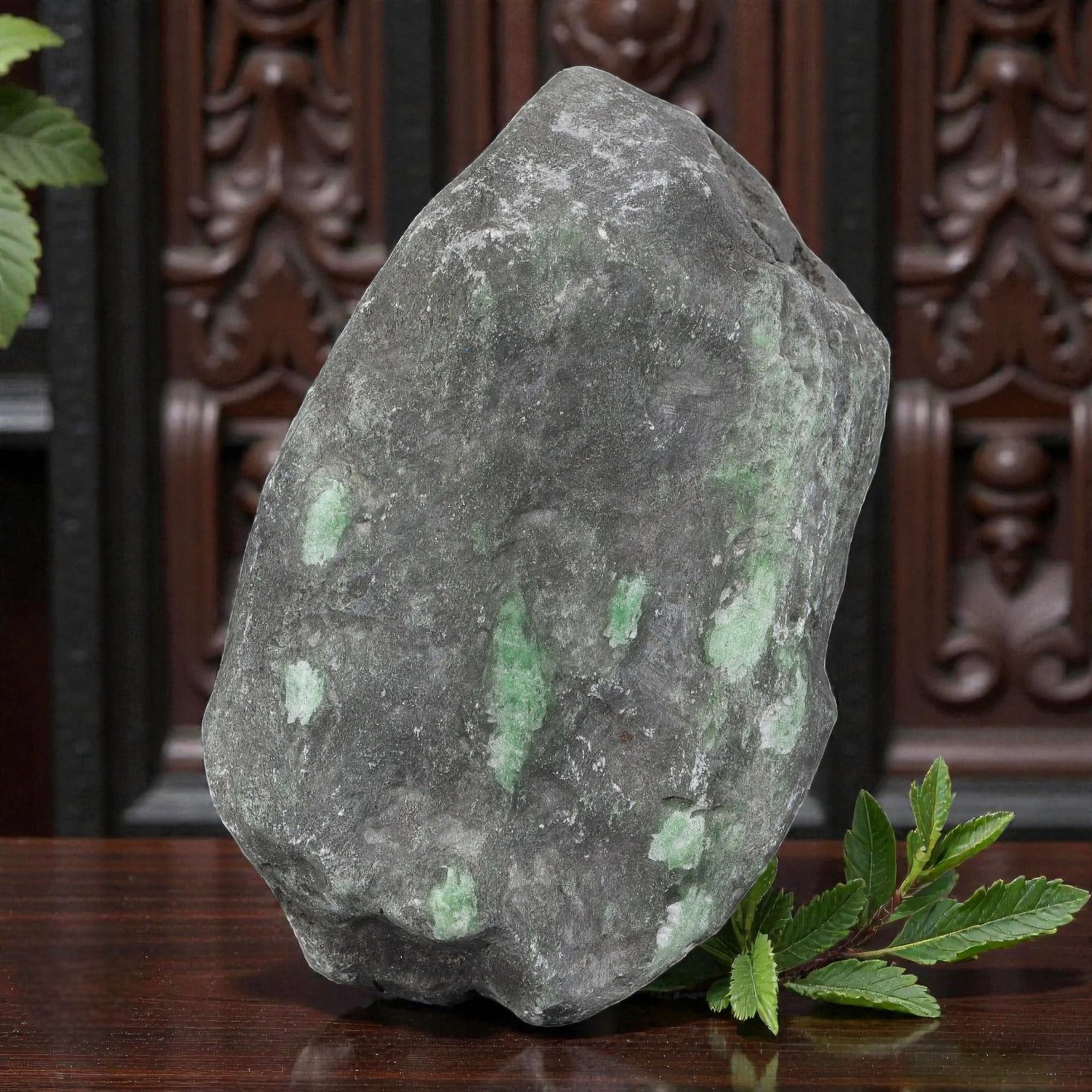 1030ct Natural Burmese Dark Skin Green Spotted Jadeite Rough - Raw Mine Stone, 69EA: This is a natural Type A Burmese jadeite rough stone, measuring 8x5cm and weighing 206g (1030ct). It features a rugged dark grey outer skin dotted with vivid green mineral spots, showcasing the natura