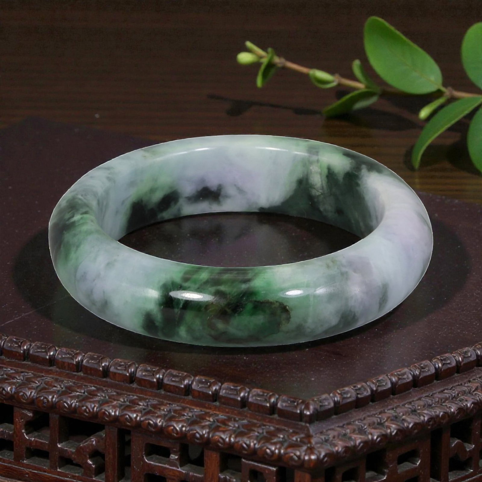 Natural Burmese Type A Jadeite Jade Bangle - Dramatic Moss in Snow Bracelet, 79YH (1 of 3)
