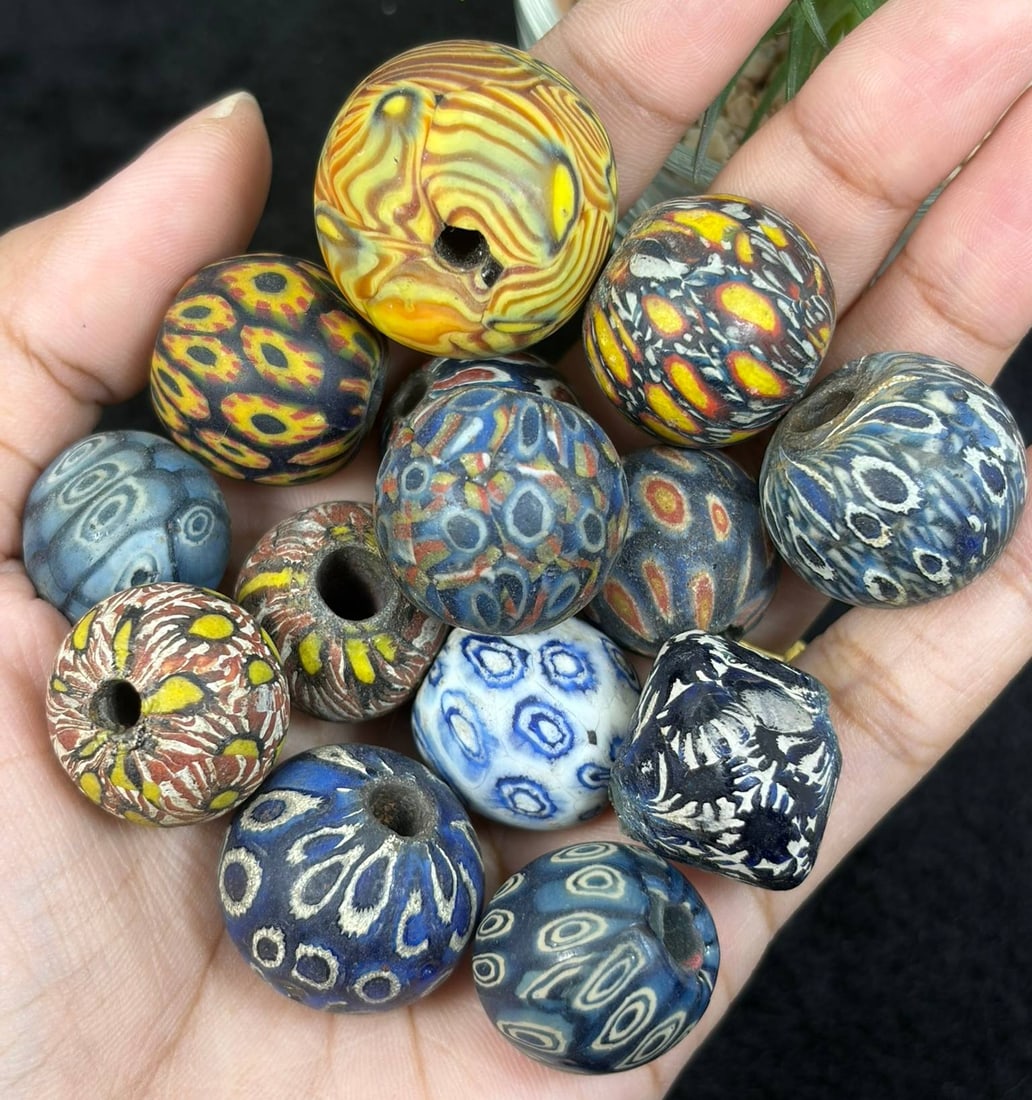 Antique Glass Bead - Islamic Jatim Mosaic Ikat Feather Bead, 7AS: These spherical antique beads are constructed from polychrome mosaic glass worked using traditional millefiori cane techniques, with fused multicolored glass forming intricate repeating ikat and feath
