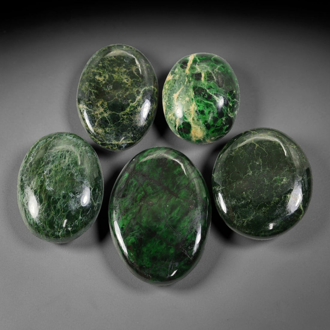 Lot of 5pcs 153ct Natural Burmese Type A Deep Forest Green Web Veined Jadeite Jade Cabochons, 47AV: This wholesale set includes 5 fully untreated natural Burmese Type A jadeite jade cabochons with smooth oval domed profiles, total combined weight 153ct, maximum dimension 34x24mm. All pieces feature 