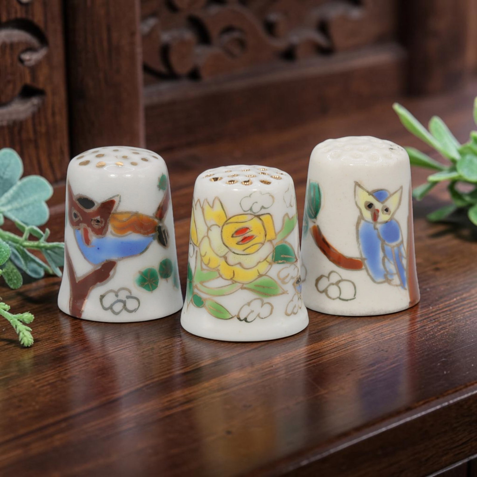 Vintage Hand-Painted Porcelain Thimble Set of 3 - Fox, Owl & Flower Sewing Collectibles, 29YF: Crafted from fine white porcelain with whimsical hand-painted designs and subtle gilded accents, this charming set of three vintage thimbles features playful motifs: a red fox, a blue owl, and a brigh