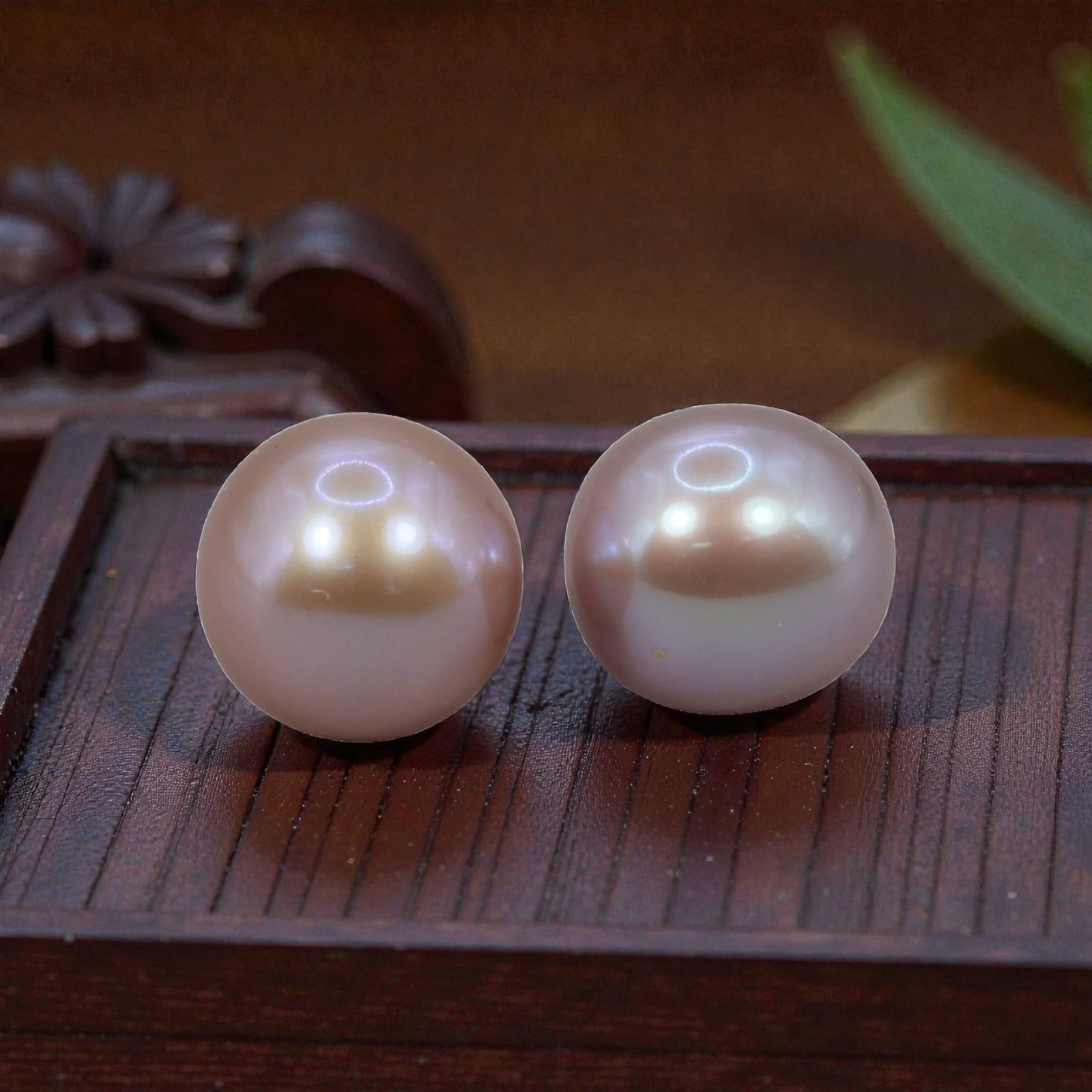 Freshwater Pearl Pair - Natural Pearl Pink Round Gemstones 7.8mm, 40XA: A matched pair of natural freshwater pearls, exhibiting a soft pinkish-lavender hue with bright, uniform luster and subtle iridescent orient. The pearls are near-spherical, with smooth nacre and only 