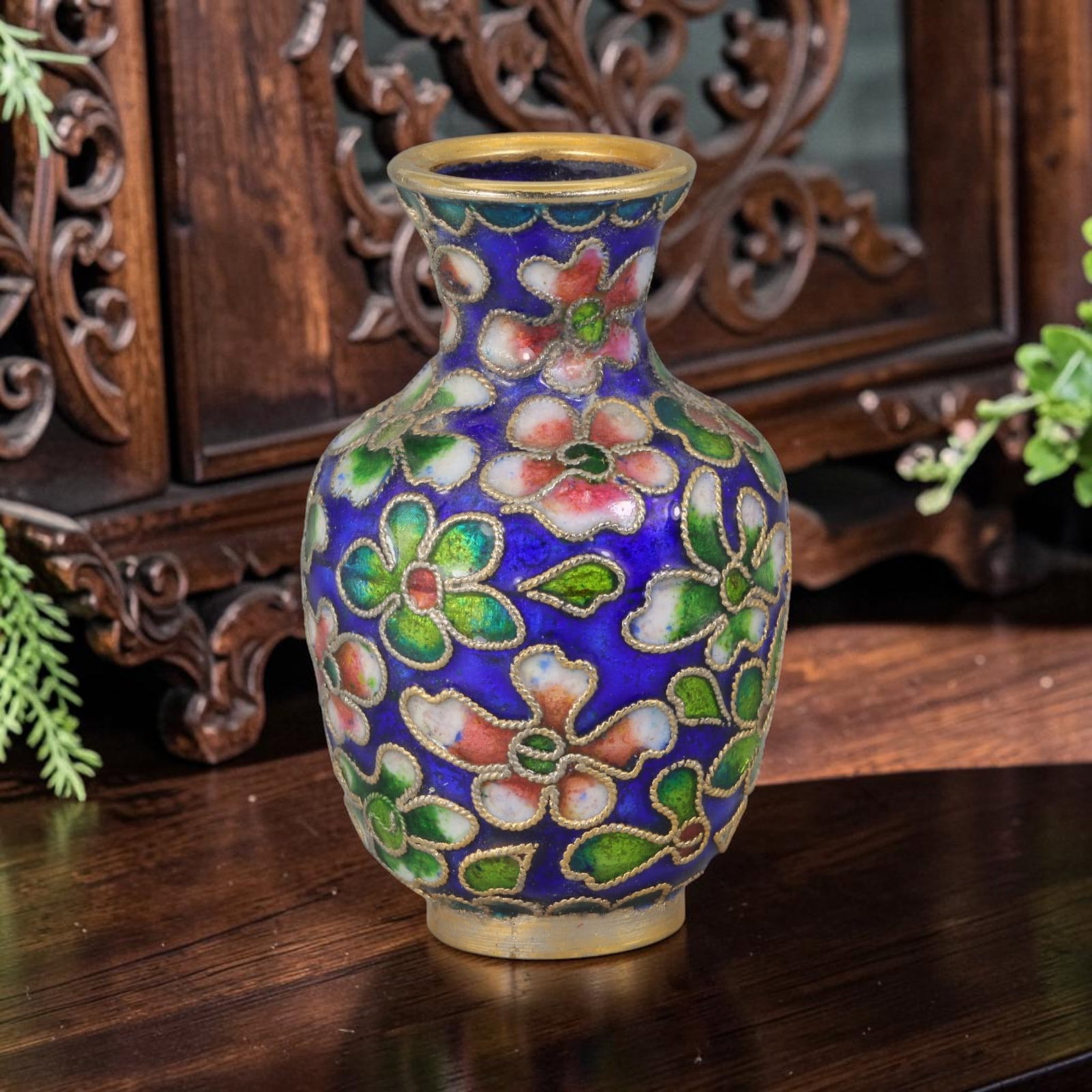 Vintage Chinese Copper Cloisonne Mini Vase - Pink Green Floral Blue Enamel Vessel, 38AR: Crafted from copper base metal with gilded cloisonne wire filigree and hand-fired polychrome enamel glazes. The miniature bulbous baluster vase features a deep cobalt blue enamel ground across flared 