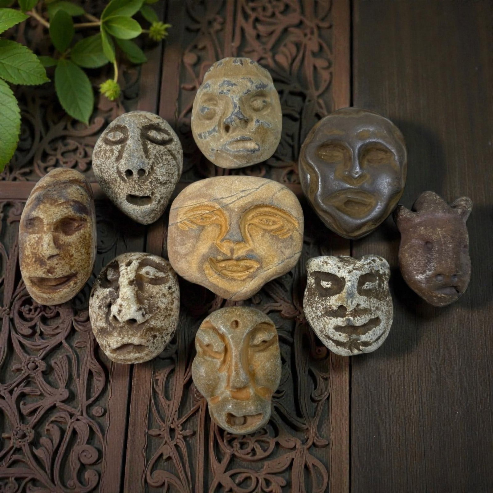 A Lot of 9 Ancient Medieval Stone Maskette Amulets, 3AB: The group comprises nine carved stone maskette amulets, each depicting stylized human faces, with one example featuring zoomorphic attributes. The faces are rendered in varied styles, some with deeply