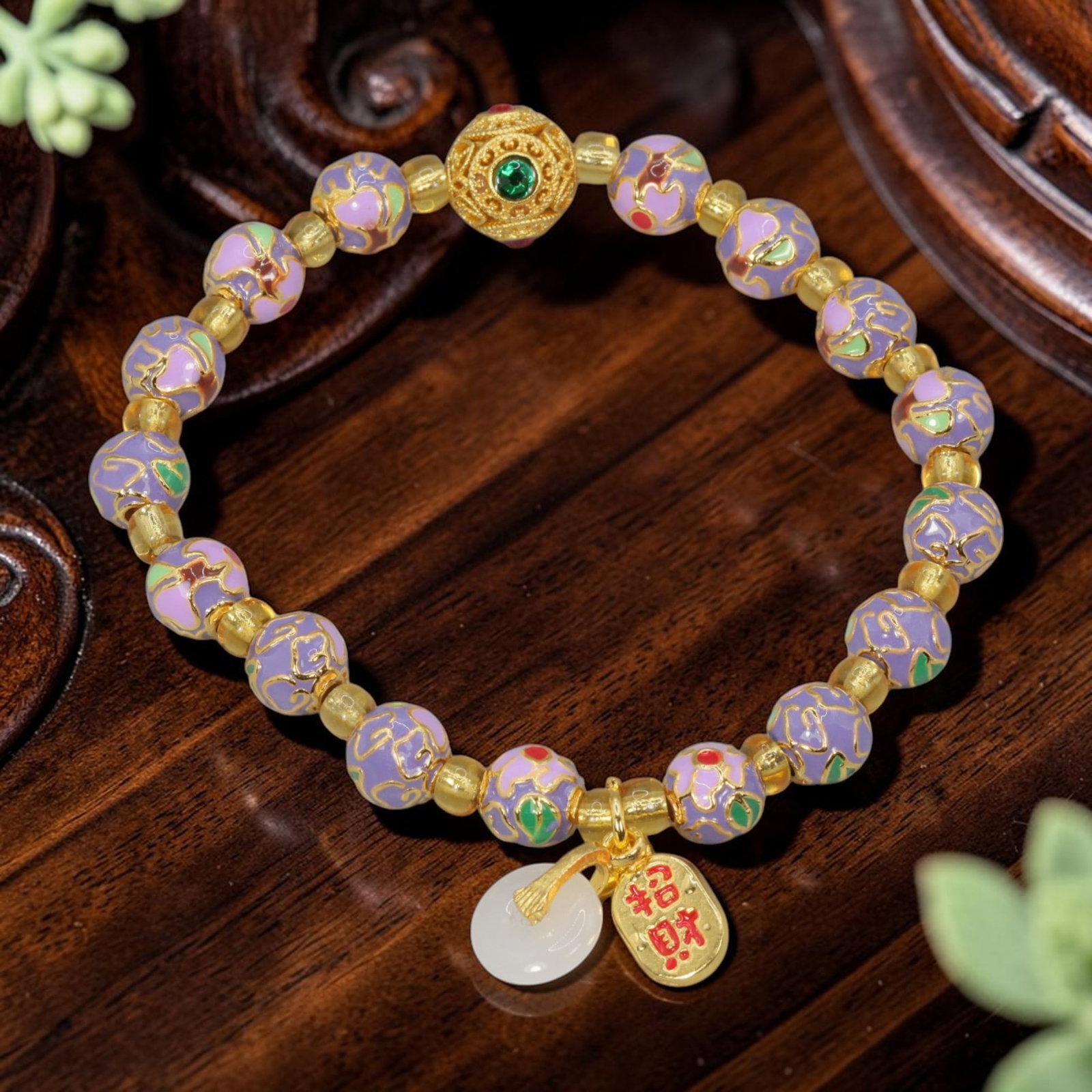 A Chinese Cloisonne Enamel Beaded Bracelet - Purple Gold Tone Charms, 29YJ: This modern Chinese-style bracelet is constructed with 10.2mm round cloisonne enamel beads, primarily in a soft purple hue with delicate floral and cloud motifs outlined in polished gold-tone metal. A