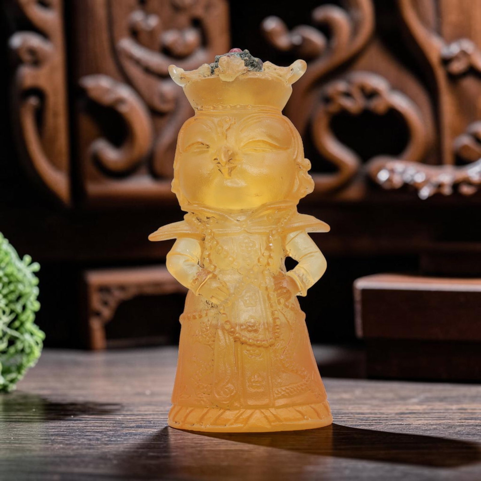 Vintage Chinese Liuli Glass Snuff Bottle - Yellow Imperial Figurine, 66YF: Crafted from translucent yellow liuli glass with a smooth, polished finish, featuring detailed sculptural carving throughout the form. The piece takes the shape of a standing imperial figure, rendered