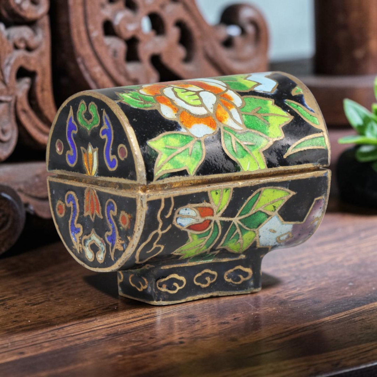 Vintage Chinese Copper Cloisonne Trinket Box - Floral Enamel Casket, 16YF: Crafted from copper base metal with fine cloisonne wire filigree and hand-fired polychrome enamel glazes, this footed miniature casket showcases traditional floral motifs across its exterior. The blac