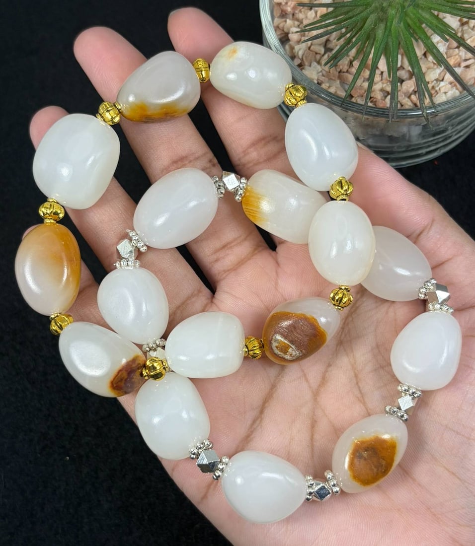 Lot of 2 Natural Chinese White Hetian Nephrite Seed Jade Bracelets, Raw Skin Pebble Beads, 23AS (1 of 2)