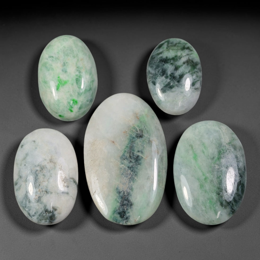 Lot of 5pcs 76ct Natural Burmese Type A Floating Dark Moss Banded Ice Jadeite Jade Cabochons, 51AV: This wholesale bundle features 5 fully untreated natural Burmese Type A jadeite jade oval cabochons with a total combined weight of 76ct, the largest piece measuring 31x18mm. Each cabochon carries a t