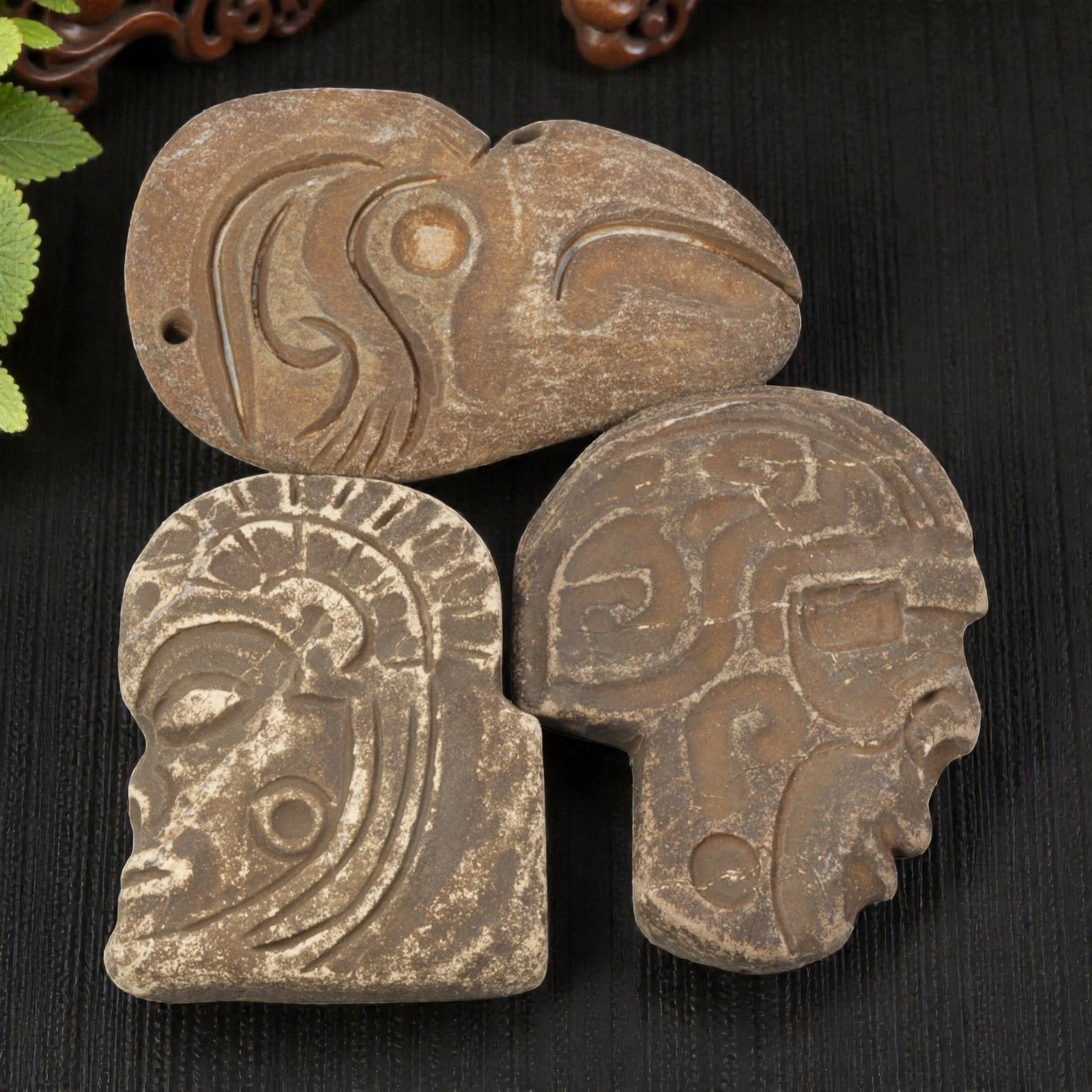 Lot of 3 Tribal Stone Carvings - Bird & Anthropomorphic Heads, 28WT (1 of 1)