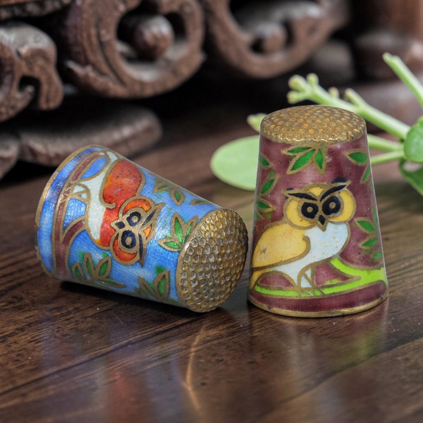 Vintage Chinese Copper Cloisonne Owl Thimble Set of 2 - Mini Avian Sewing Collectibles, 17AR: This set includes two copper cloisonne sewing thimbles, each standing 2.5 cm tall with traditional dimpled gilded crown tops for needlework use. The tilted thimble features a bright sky-blue enamel gr