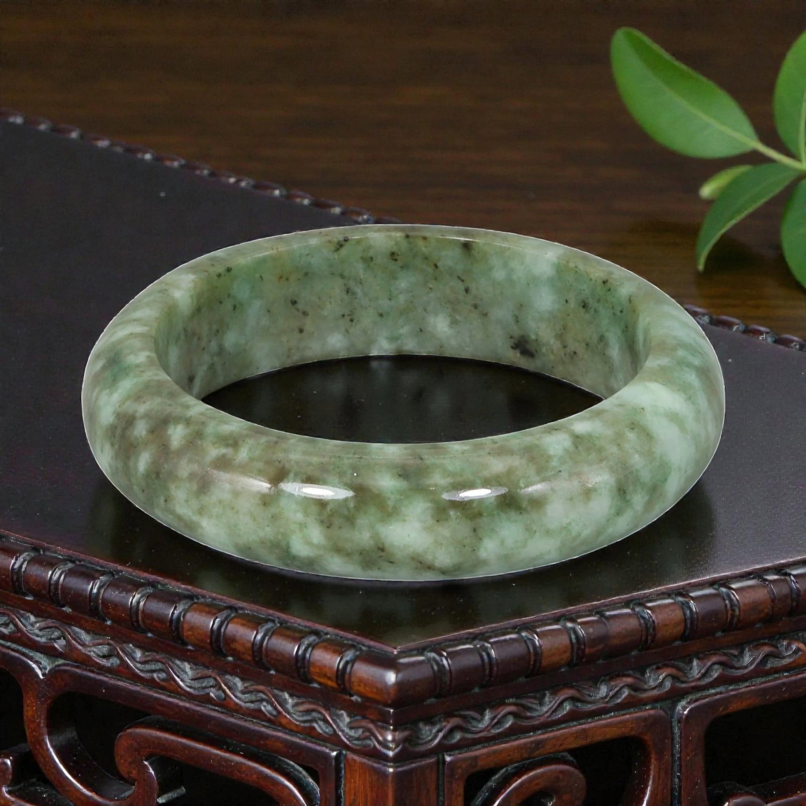 Natural Burmese Type A Green & Earthy Jadeite Jade Bangle - Organic Moss in Snow Bracelet, 74YH: Crafted from natural Burmese Type A jadeite jade, this wide, substantial bangle features a rich organic variation of the "Moss in Snow" pattern, with deep forest green and earthy brown mottling set ag