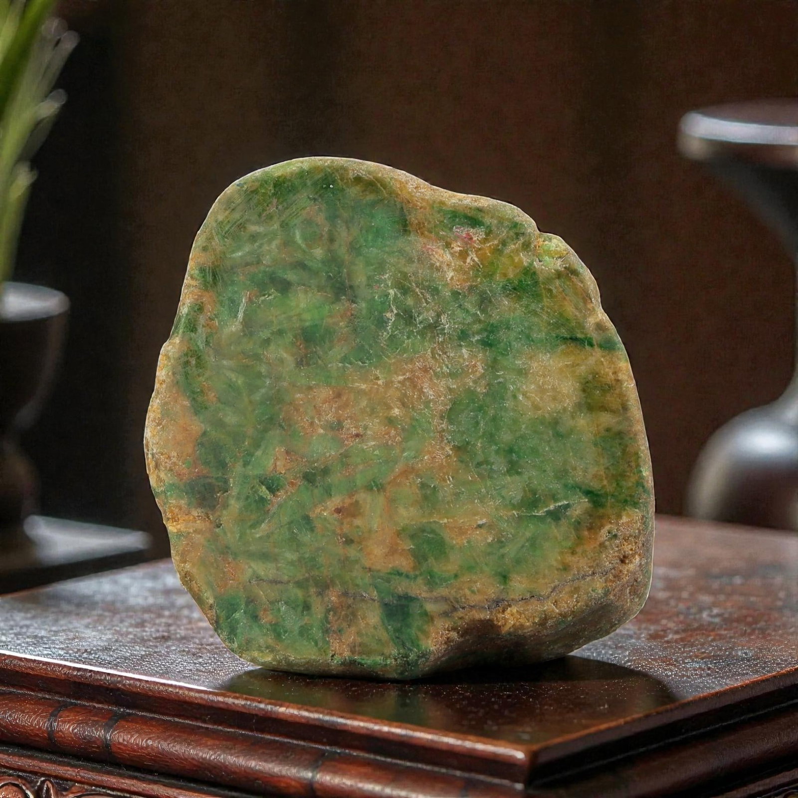 180Ct Natural Type A Burmese Jadeite Jade Rough Stone - Multi-Color Raw Material, 37EA: This is a natural, unpolished rough stone of Type A Burmese jadeite jade, weighing 180 carats and measuring 4x3.5cm. The stone features a striking combination of rich green and warm earthy tones, with