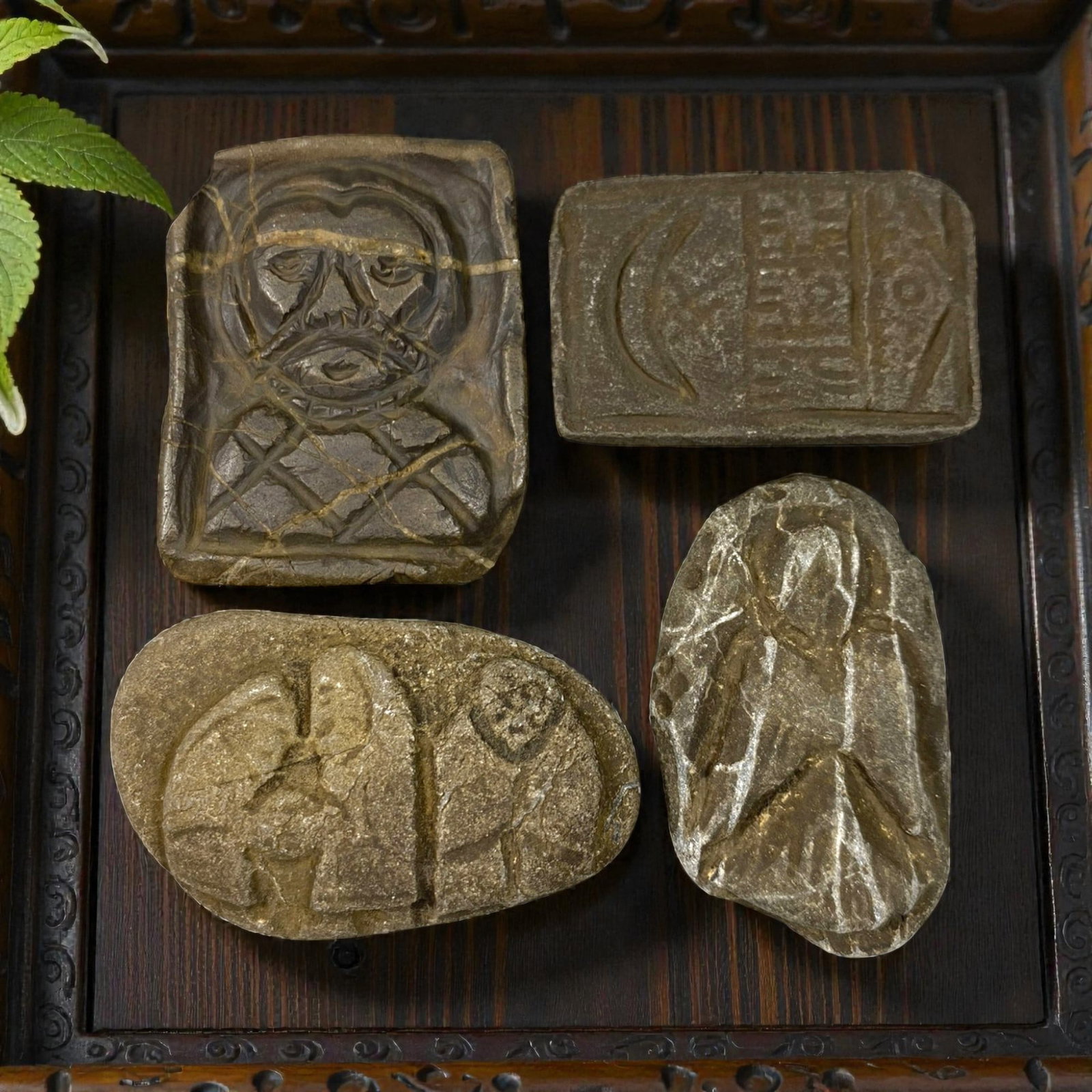 Lot of 4 Ancient Christian Stone Amulet Plaques, 76AG: A collection of four hand-carved stone amulet plaques, attributed to the early Christian or medieval period, likely from the Mediterranean region. Crafted from weathered dark stone with natural veinin