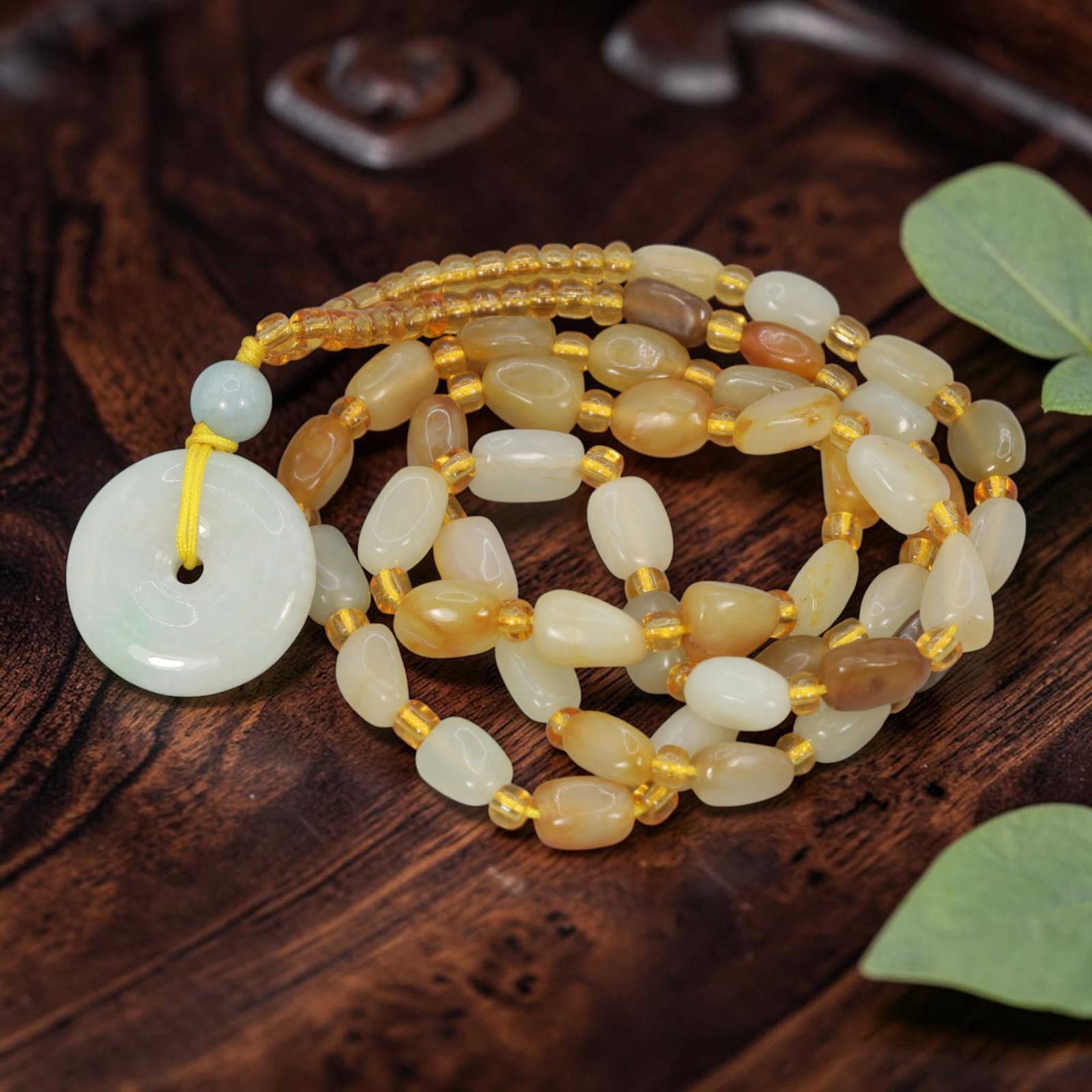 Natural Xinjiang Hetian Jade Necklace - Chinese Jade Bi Pendant, 91YJ: This necklace features a natural jade bi disc pendant paired with matching Xinjiang Hetian jade pebble beads, accented with translucent yellow spacer beads and a light blue accent bead. The pendant is