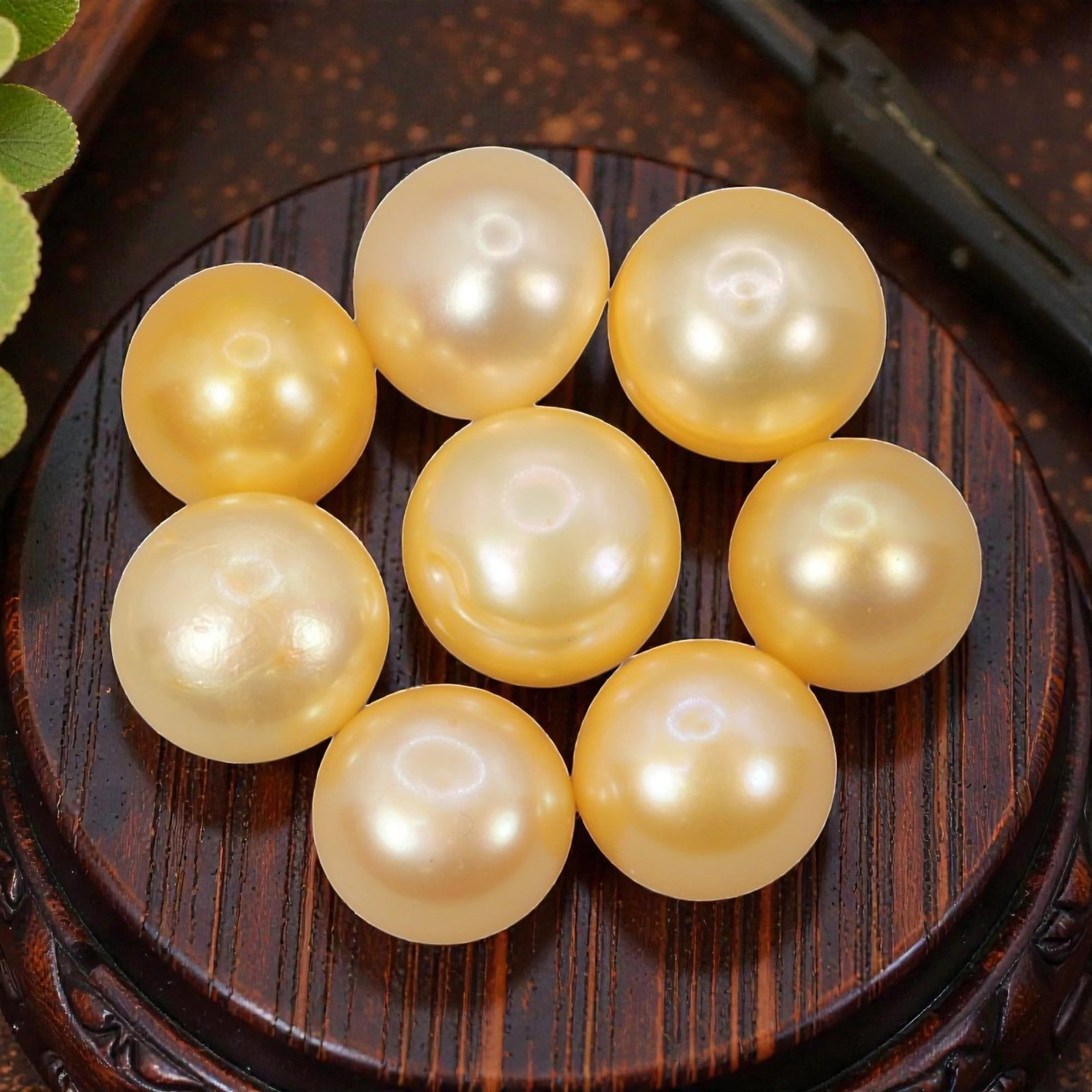 38ct Natural Fresh Water Pearl Drilled, 9YE: This is a drilled, natural freshwater pearl, showcasing a rich, warm golden-yellow hue with a smooth, polished surface and luminous, iridescent luster. The pearl features a near-round shape with consi