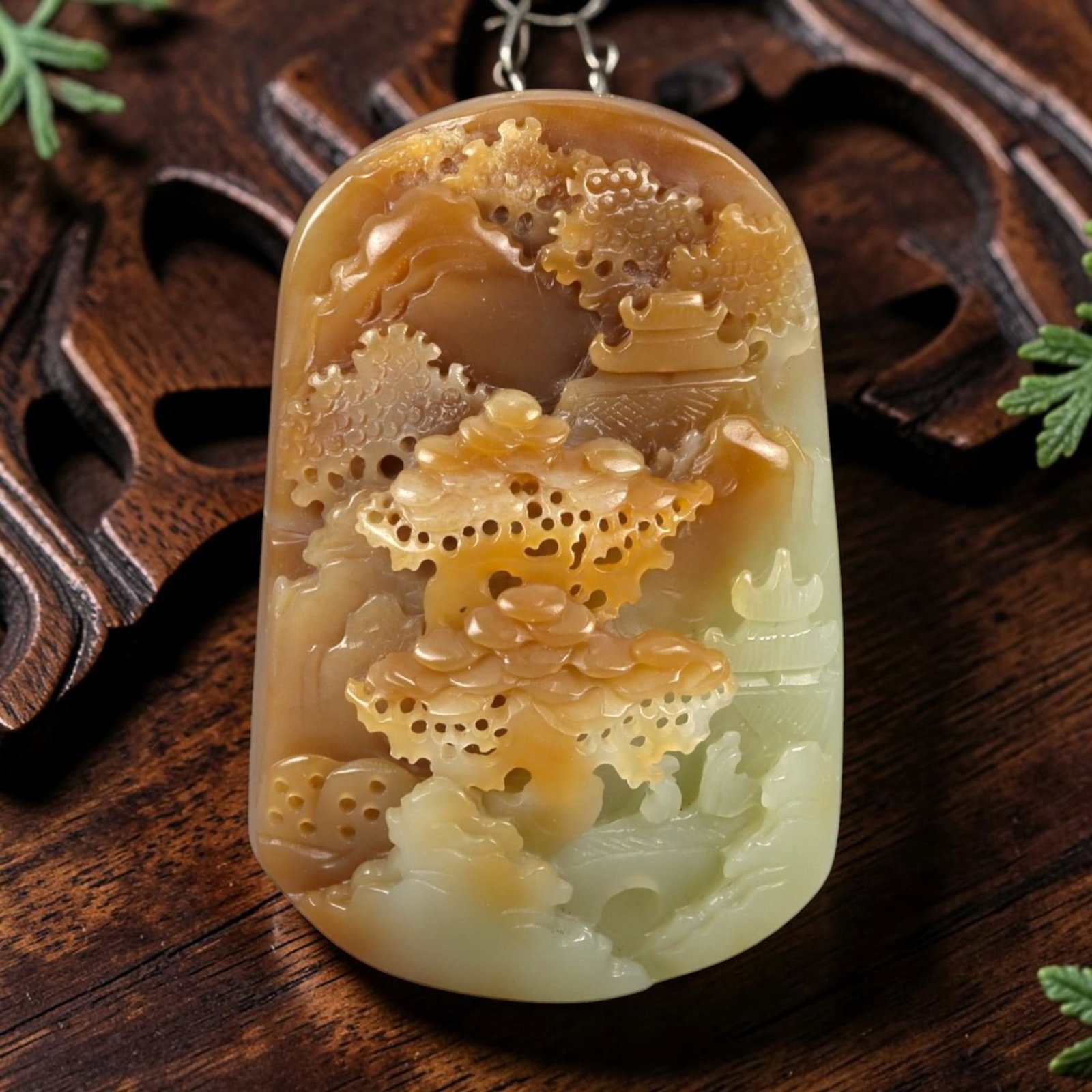 Natural Sugar Brown Nephrite Landscape Carved Pendant Hand Crafted Jade Plaque, 51FA: Expertly hand carved from natural two-tone sugar brown nephrite jade, this rectangular rounded plaque pendant showcases intricate three-dimensional openwork landscape carving on the front face. The wa