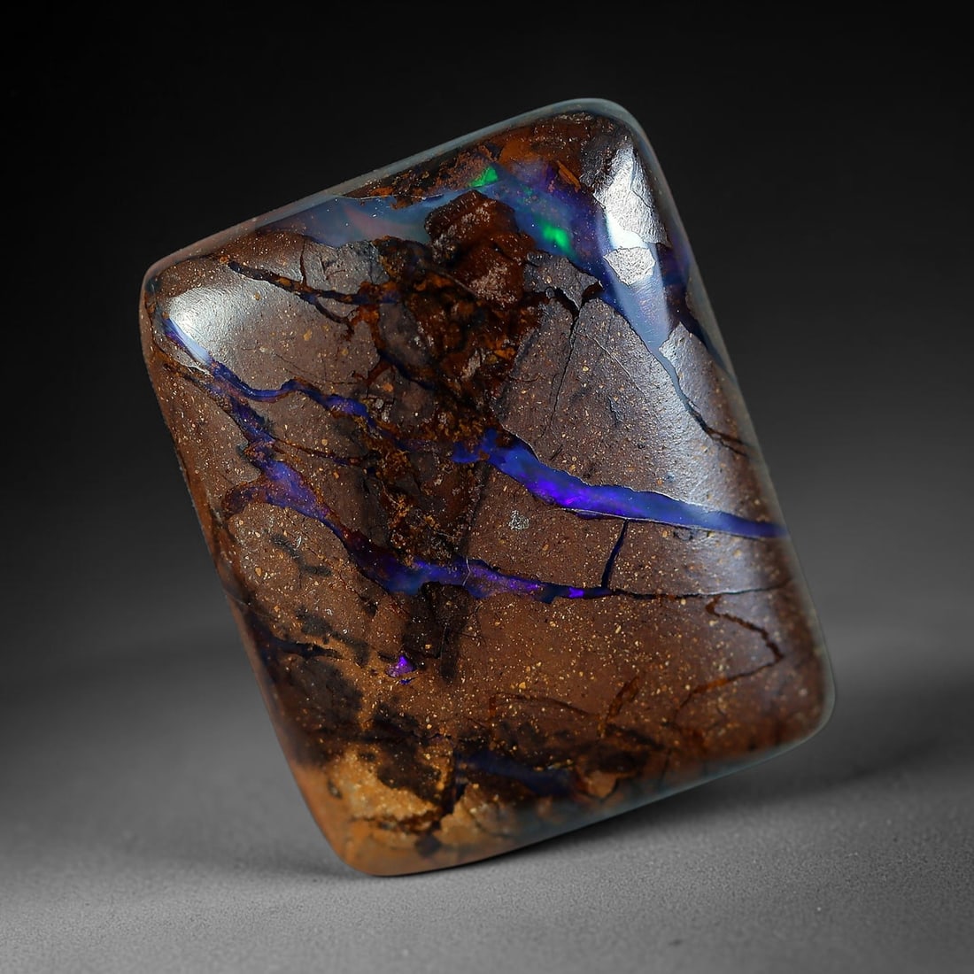 17.76ct Natural Australian Queensland Matrix Boulder Opal Rounded Square Cabochon, 74AV: Hand polished medium rounded square cushion cabochon crafted from natural Queensland matrix boulder opal, featuring warm speckled tan-brown ironstone matrix crisscrossed with thick vivid violet-purple