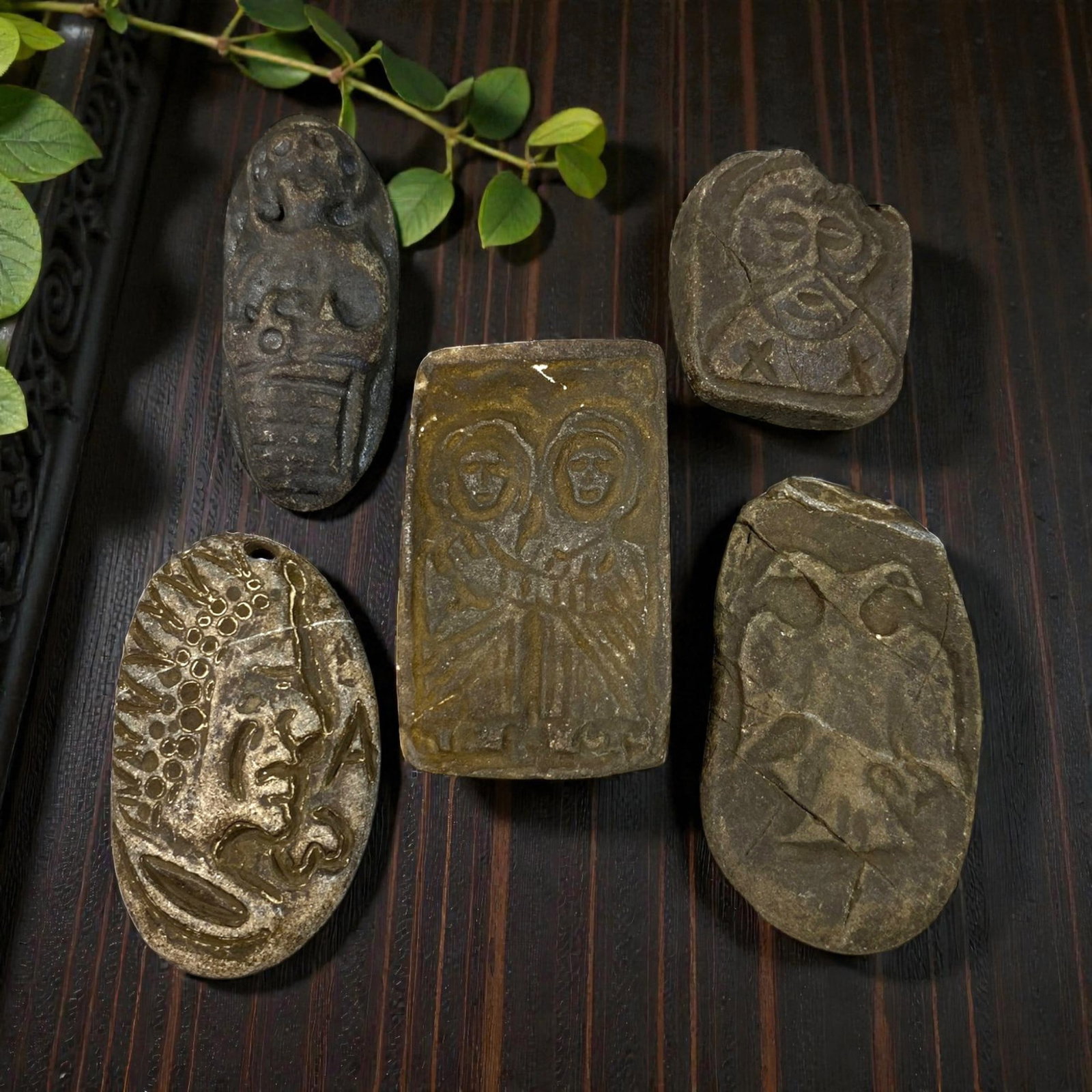 Lot of 5 Ancient Christian Stone Amulet Plaques, 75AG: A collection of five hand-carved stone plaques attributed to the early Christian or medieval period, likely from the Mediterranean region. Crafted from weathered dark stone with earthy patination and 