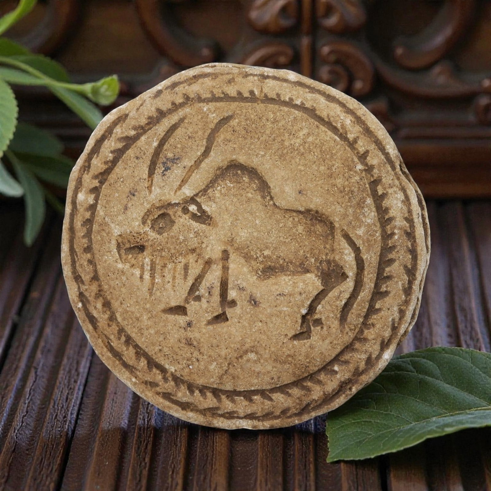Double-Sided Convex Zoomorphic Steatite Stamp Seal, 65YD: This ancient stamp seal is carved from light beige steatite, featuring a double convex circular form. One face is engraved with a stylized bull motif, while the other depicts a leaping gazelle or deer