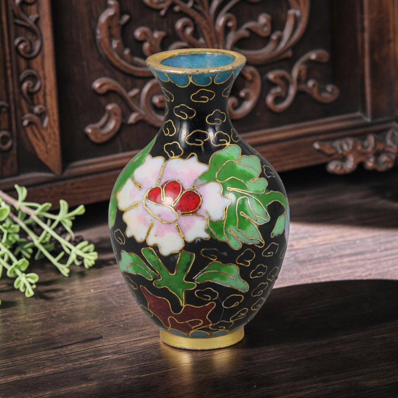 Vintage Chinese Copper Cloisonne Mini Vase - Peony Black Enamel Floral Vessel, 32AR: Crafted from copper base metal with gilded cloisonne wire filigree and hand-fired polychrome enamel glazes. The miniature rounded baluster vase features a glossy deep black enamel ground covered in de