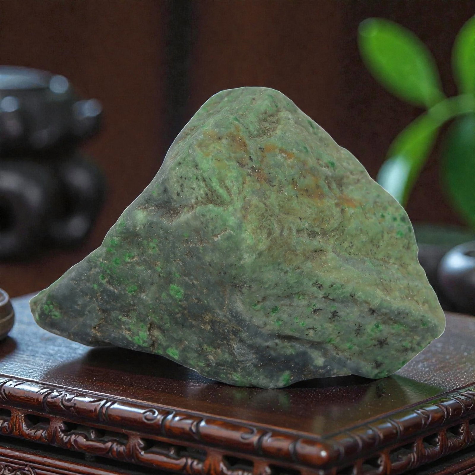 465Ct Natural Type A Burmese Jadeite Jade Rough Stone - Green Raw Material, 13ZB: Natural Type A Burmese jadeite rough stone, displaying scattered vivid green mineral inclusions across a muted grey-green base, with natural weathered skin and subtle brownish patina. The stone retain
