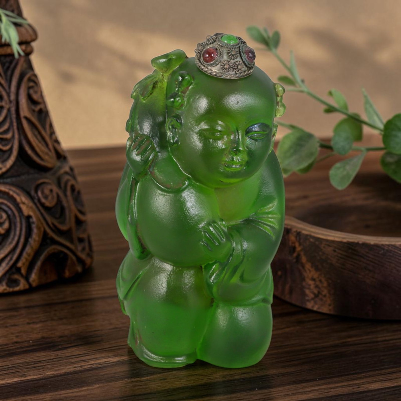 Vintage Chinese Liuli Glass Snuff Bottle - Carved Kneeling Child Holding Gourd Figurine Vessel, 38AS: This fully sculpted anthropomorphic snuff bottle is crafted from translucent frosted emerald vintage Chinese liuli glass, shaped as a plump kneeling traditional Chinese child figure with soft closed-e