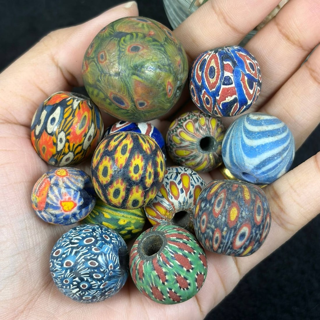 Antique Glass Bead - Islamic Jatim Mosaic Ikat Feather Bead, 8AS: These rounded specimens are handcrafted polychrome mosaic glass beads produced using traditional millefiori cane fusion techniques, with layered multicoloured glass inlays forming intricate repeating 