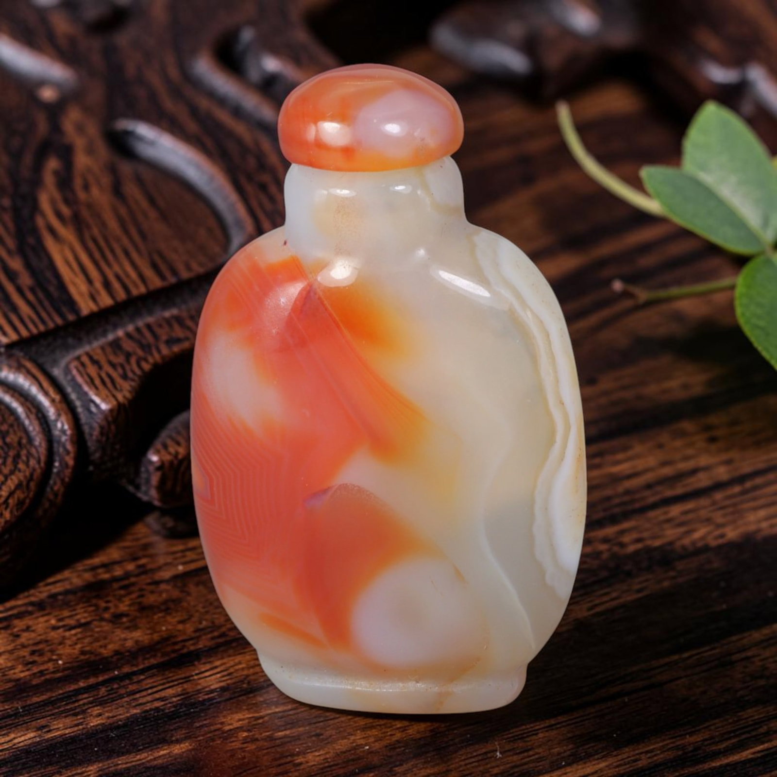 Natural Mongolian Agate Snuff Bottle - Layered Orange Banded Chalcedony Vessel, 100AR: This hand-carved miniature vessel is worked from natural Mongolian banded agate chalcedony, built upon a soft milky off-white base interlaced with precise concentric layered orange mineral strata swee