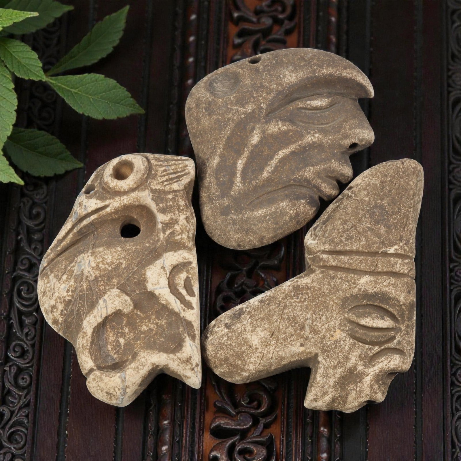 Lot of 3 Tribal Stone Carvings - Bird & Anthropomorphic Heads, 27WT (1 of 1)