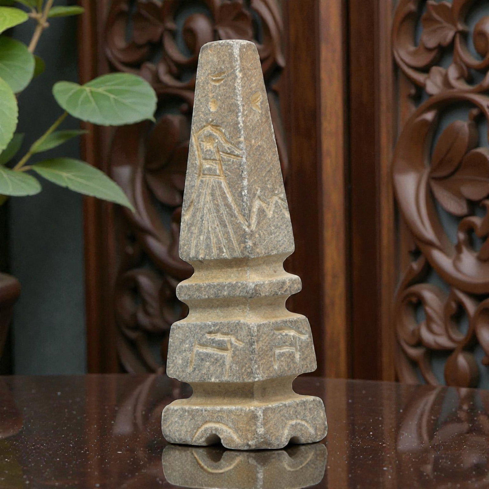 Ancient Schist Kohl Vessel - Figural and Symbolic Inscriptions, 72ZP: This tapered kohl vessel is carved from schist, featuring a stepped hexagonal base and a pyramidal upper section, decorated with incised figural and symbolic inscriptions: a standing robed figure with