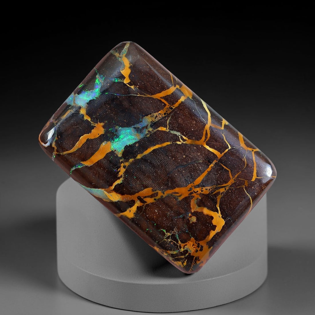 12.56ct Natural Australian Queensland Matrix Boulder Opal Rounded Rectangle Cabochon, 16AV: Hand polished compact rounded rectangular cabochon of natural Queensland matrix boulder opal, featuring deep speckled chocolate brown ironstone matrix crisscrossed with thick luminous golden amber opa
