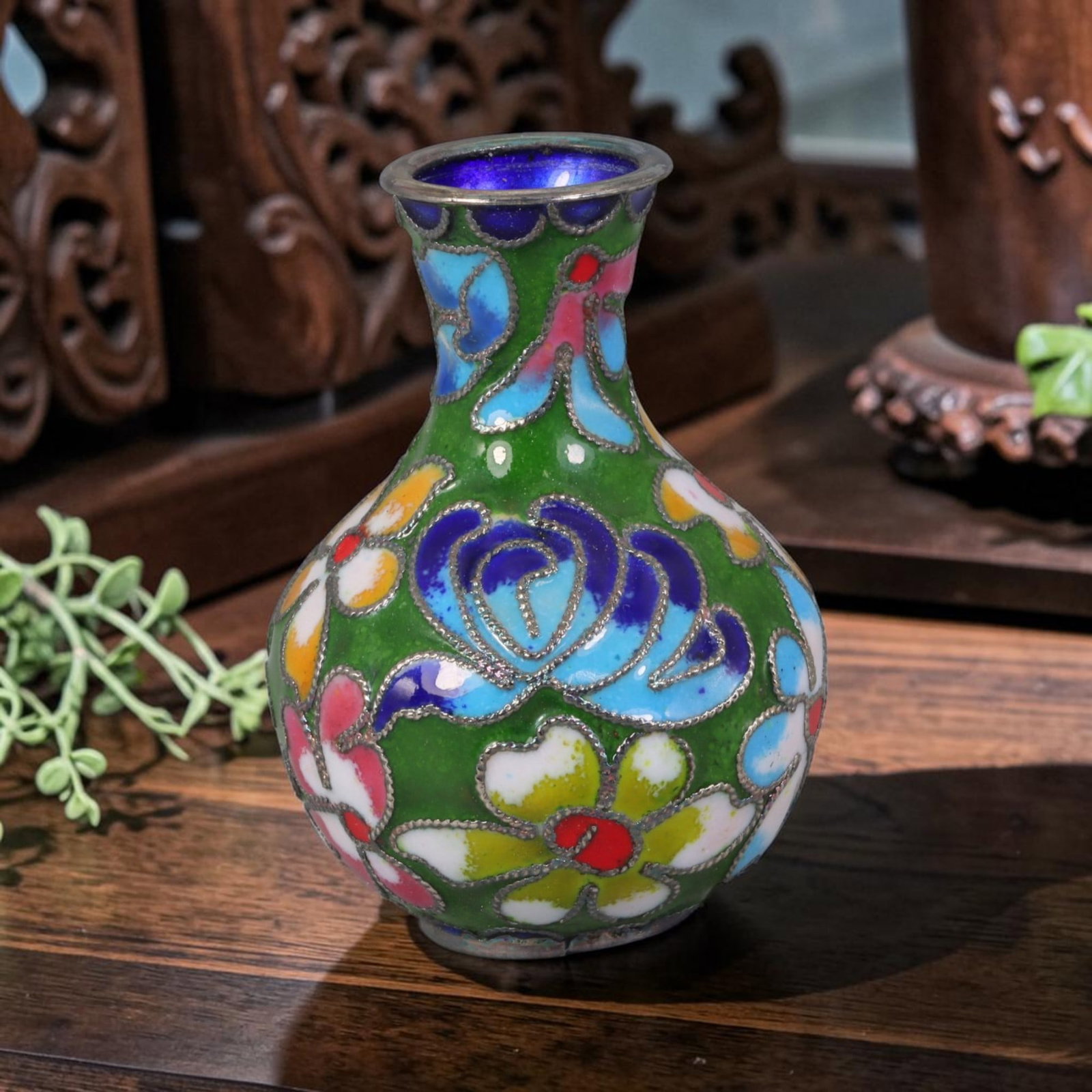 Vintage Chinese Copper Cloisonne Mini Vase - Floral Enamel Vessel, 36AR: Crafted from copper base metal with traditional Chinese cloisonne wire filigree and hand-fired polychrome enamel glazes. The vessel features a bulbous globular body tapering to a narrow cylindrical ne