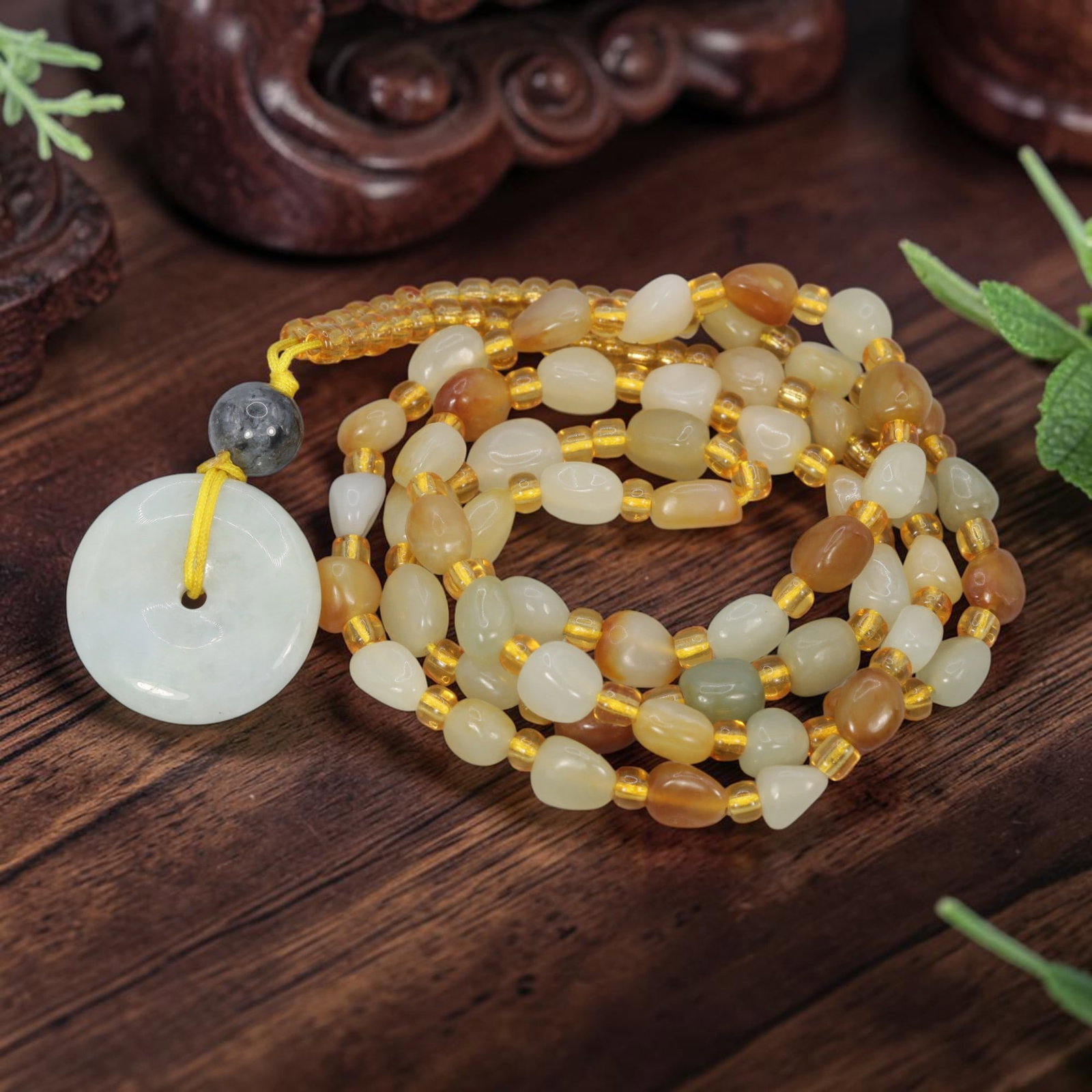 Natural Xinjiang Hetian Jade Necklace - Chinese Jade Bi Pendant, 76YJ: This necklace features a natural jade bi disc pendant paired with matching Xinjiang Hetian jade pebble beads, accented with translucent yellow spacer beads and a dark grey accent bead. The pendant is 
