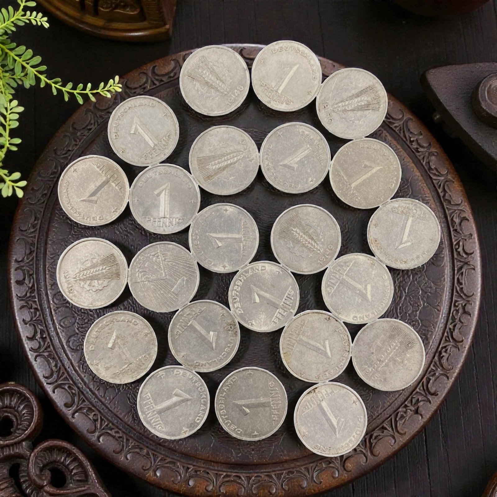 GERMANY: Post-War Recovery - 1 Pfennig Bulk Coin Lot, 14V: This bulk lot of German 1 Pfennig coins, minted in the immediate post-WWII era, is defined by its symbolic wheat sheaf motif-a tribute to agricultural renewal and economic rebuilding. Struck in lightw
