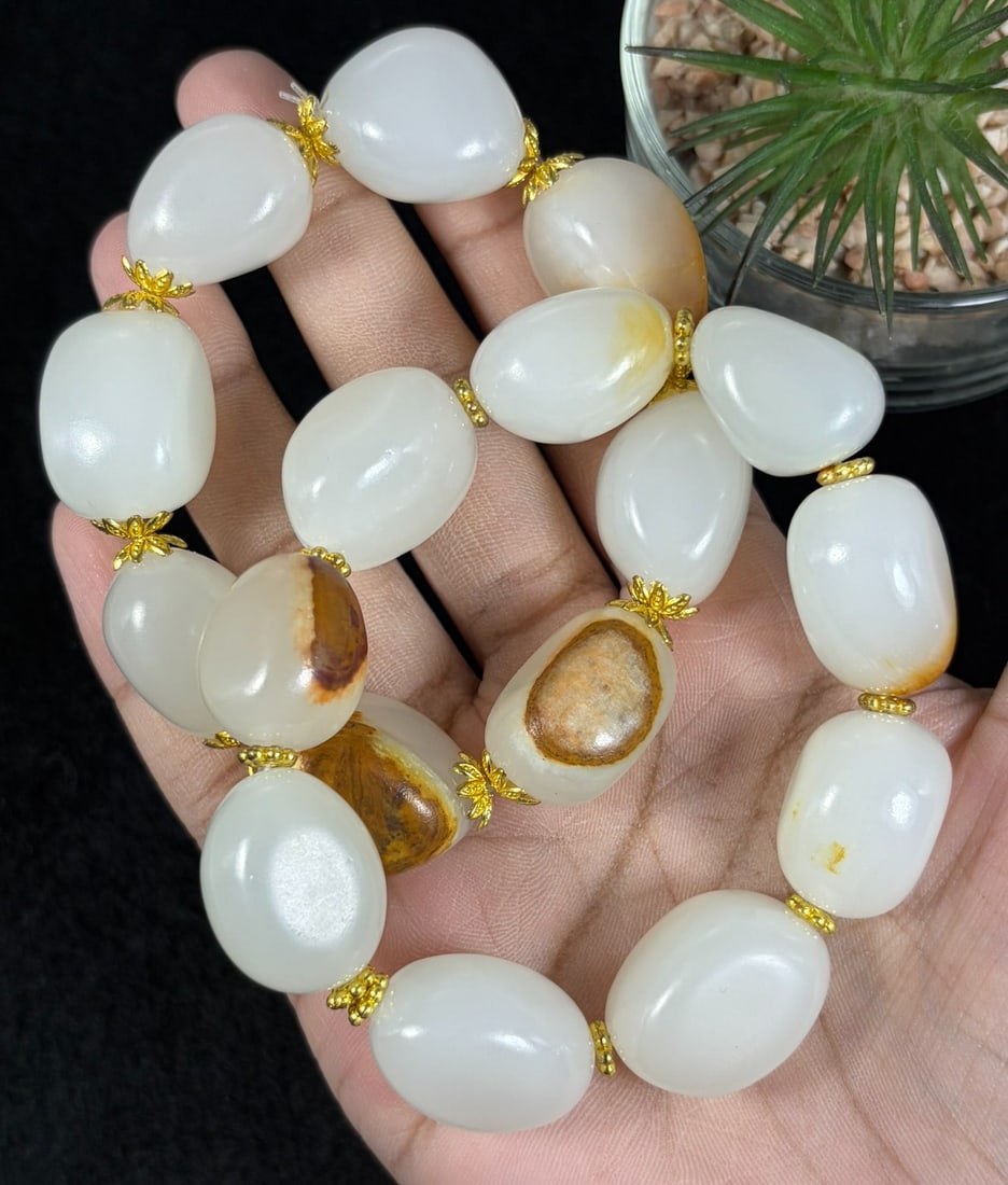 Lot of 2 Natural White Hetian Nephrite Seed Jade Bracelets, Largest 2cm Raw Skin Pebble Beads, 89AR (1 of 2)