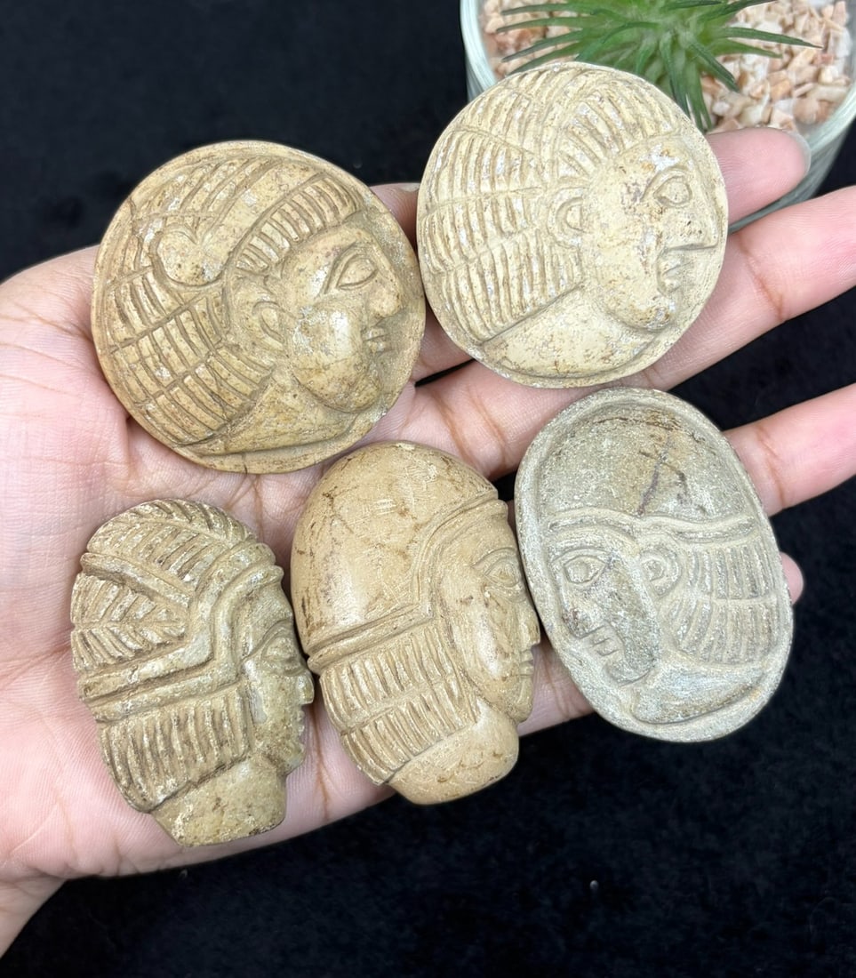 Lot Of 5 Antique Egyptian Steatite Intaglio with Profile Head Motif, 74AR: Each example is hand-carved from steatite soapstone, executed with incised detailing defining stylized hair, headdress elements, and classical profile human facial features typical of Egyptian glyptic