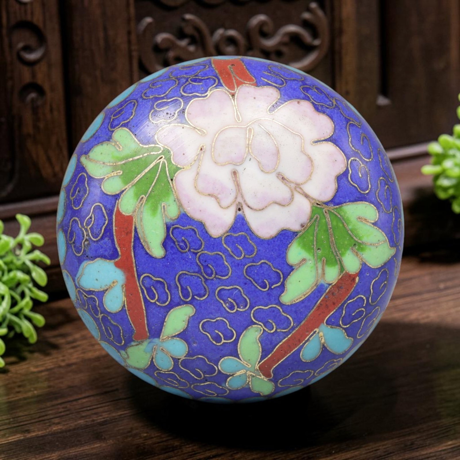 Vintage Chinese Copper Cloisonne Trinket Box - Floral Enamel Casket, 20YF: Crafted from copper base metal with fine cloisonne wire filigree and hand-fired polychrome enamel glazes, this round, shallow lidded casket showcases a large stylized peony blossom on its lid, set aga