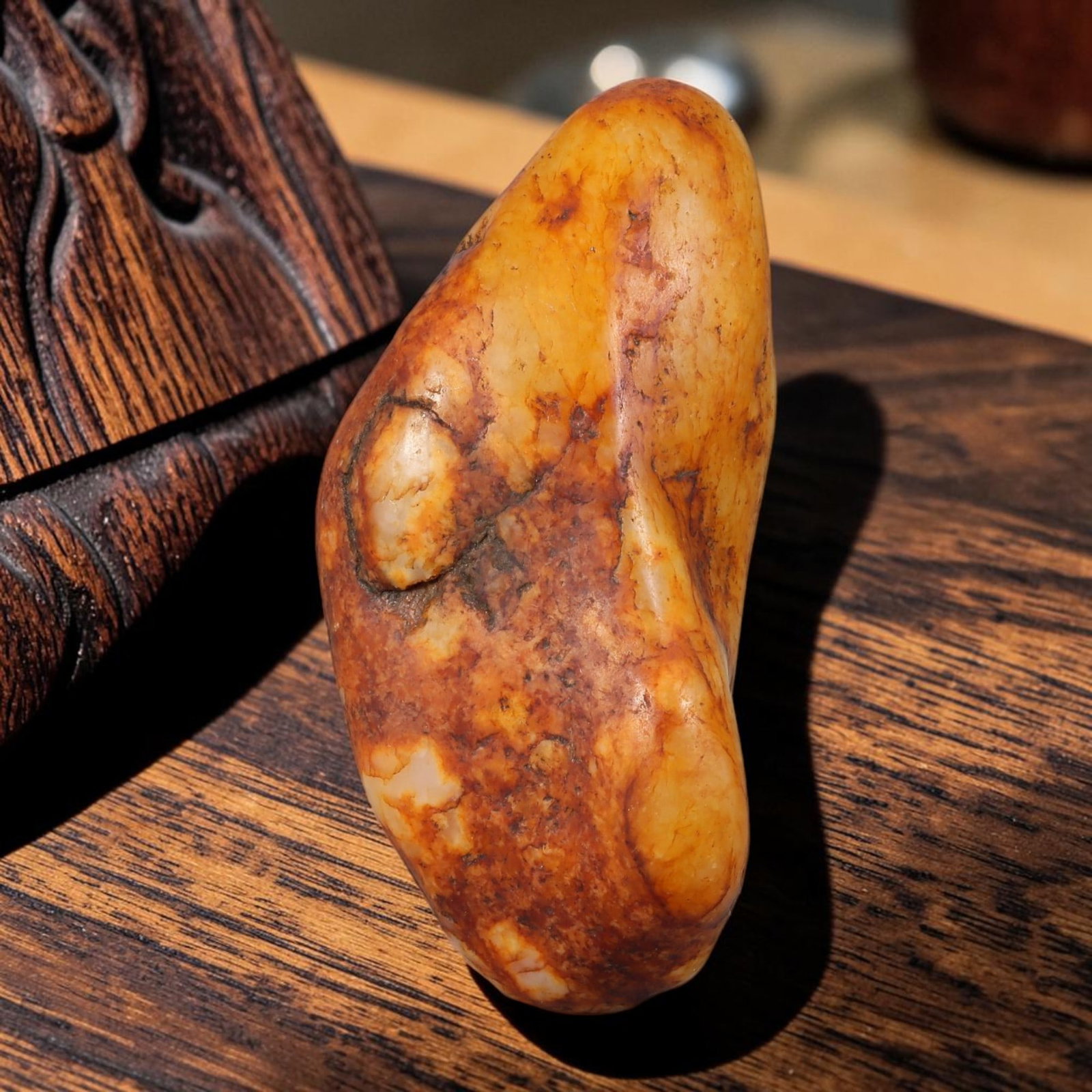 Natural Chinese Hetian Mutton Fat Nephrite Raw Seed Pebble Jade Stone, 79AS: This unprocessed rough specimen is authentic natural Chinese Hetian mutton fat nephrite seed pebble jade, wrapped entirely in thick layered warm golden and deep amber russet skin that covers its natur