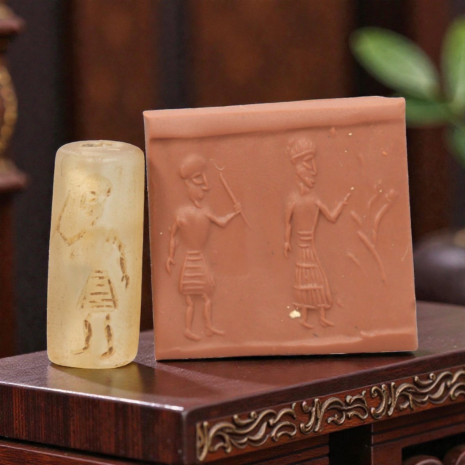 Ancient Rock Crystal Cylinder Seal - Near Eastern Figural Scene, 89ZR: Carved from translucent pale rock crystal with a naturally frosted, weathered patina, executed in a cylindrical form characteristic of Near Eastern cylinder seal craftsmanship. The seal's surface bear
