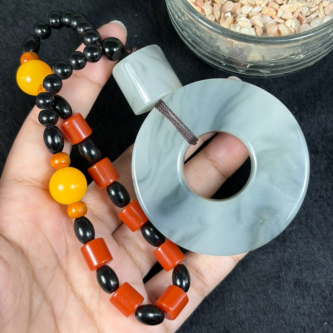 Natural Qinghua Grey Ink Nephrite Donut Peace Circle Pendant Necklace, 21AT: Crafted from genuine natural Qinghua ink wash nephrite jade, this classic circular peace buckle donut pendant measures 5.5 x 1.9 cm, featuring soft flowing grey ink cloud marbling naturally swirled ac