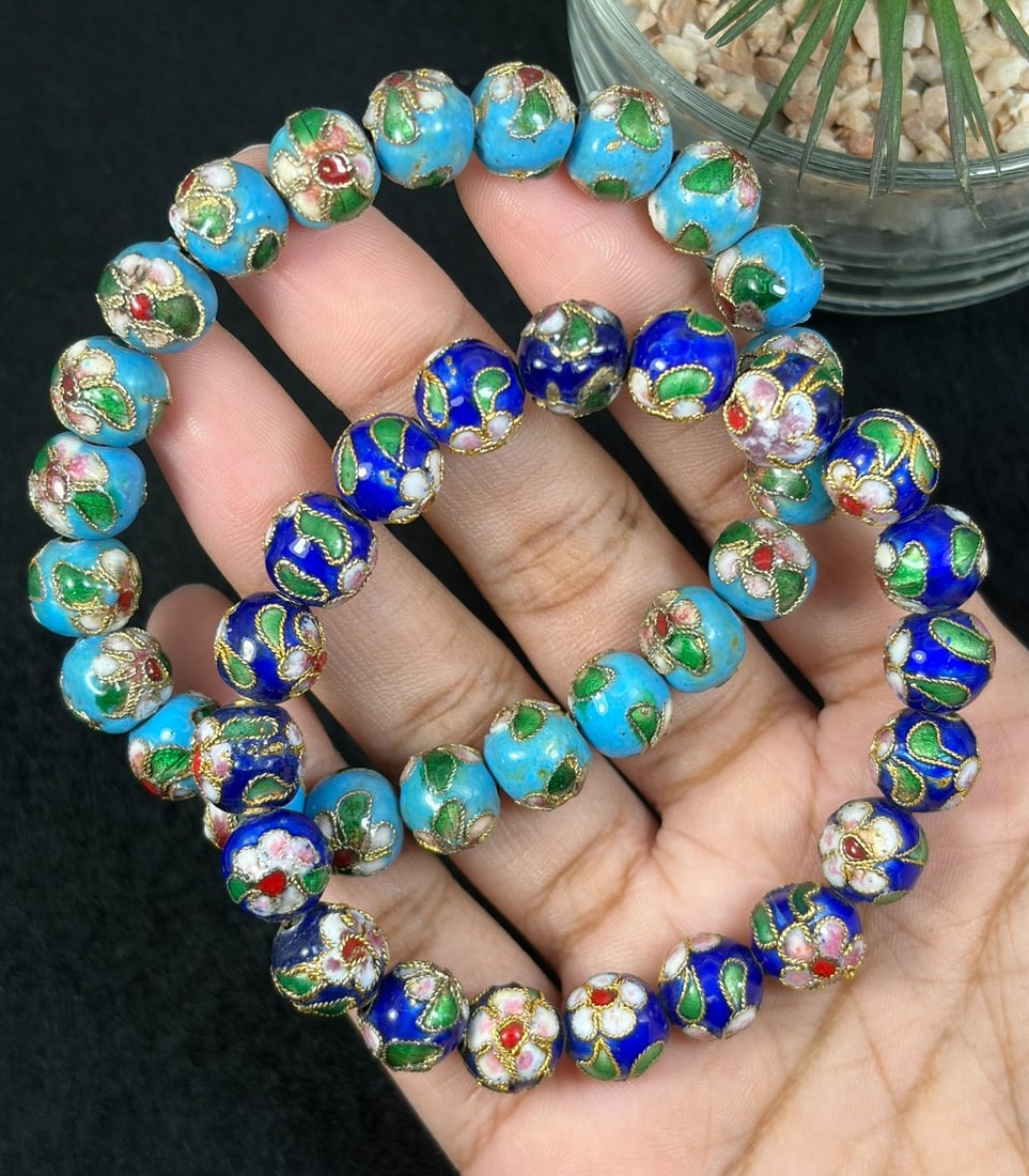 Lot of 2 Traditional Chinese Cloisonne Enamel Bead Bracelets, 8mm Round Floral Beads, 89AS (1 of 2)