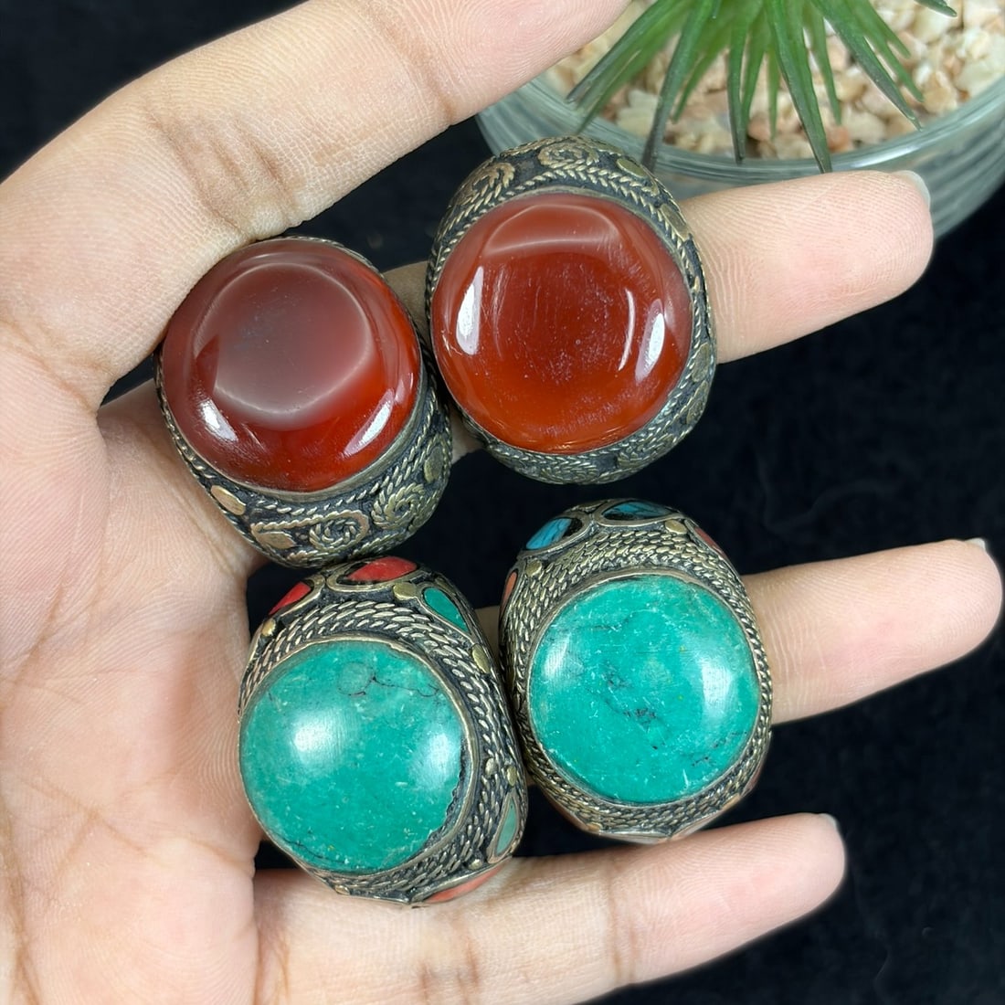 Vintage Central Asian Silvered Gilt Turquoise Carnelian Inlay Rings Lot, 95AS (1 of 2)